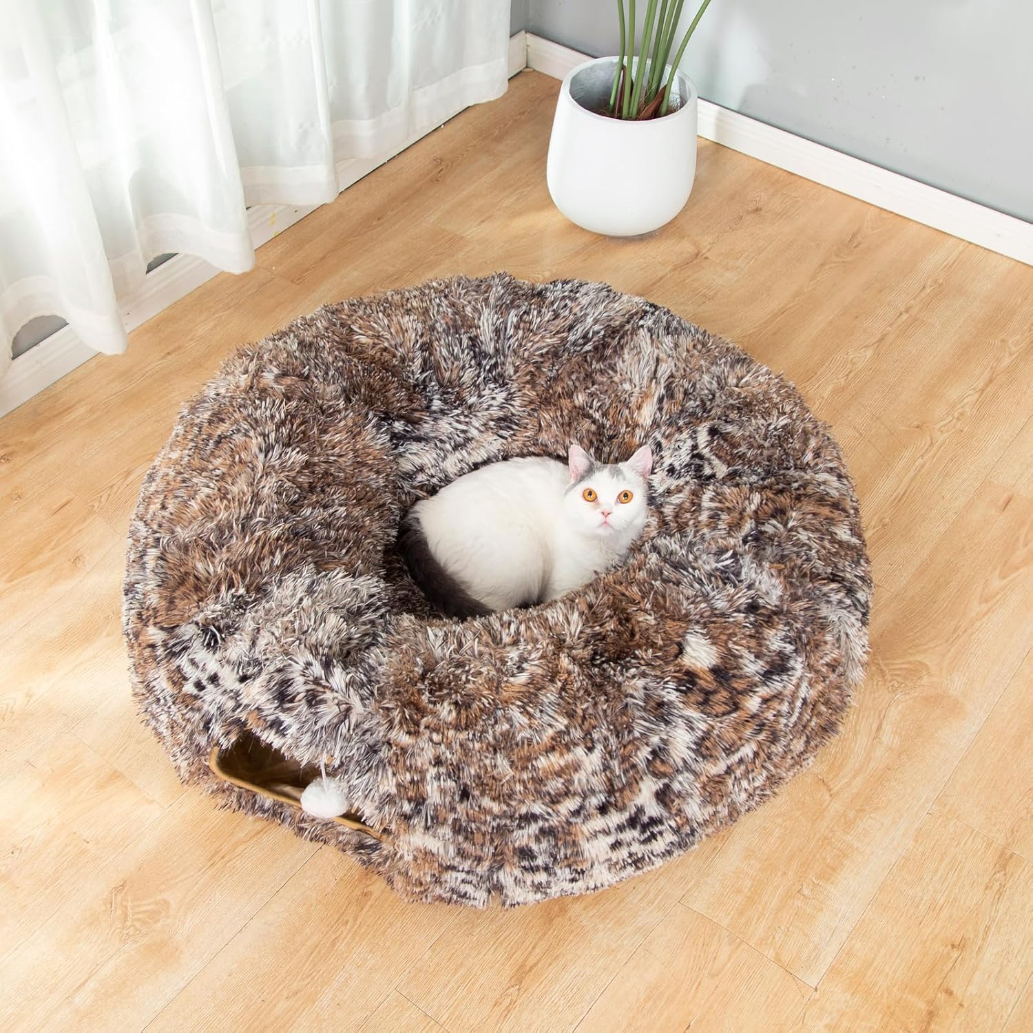 Warm Fluffy Plush Cat Dog Tunnel Bed with Washable Cushion- Big Tube Playground Toys 3 FT Diameter Collapsible, for Indoor Cat Kitty Kitten Puppy Rabbit Ferret Leopard Print