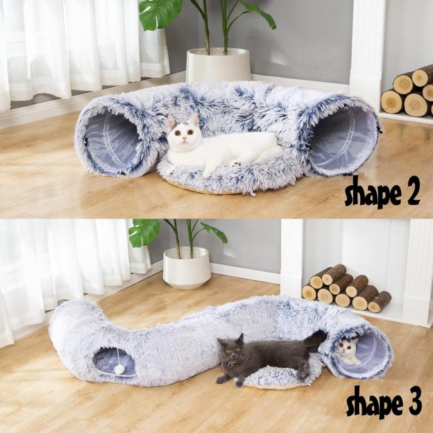 Warm Fluffy Plush Cat Dog Tunnel Bed with Washable Cushion-Big Tube Playground Toys 3 FT Diameter Longer Crinkle Collapsible 3 Way, for Indoor Cat Kitty Kitten Puppy Rabbit Ferret Blue