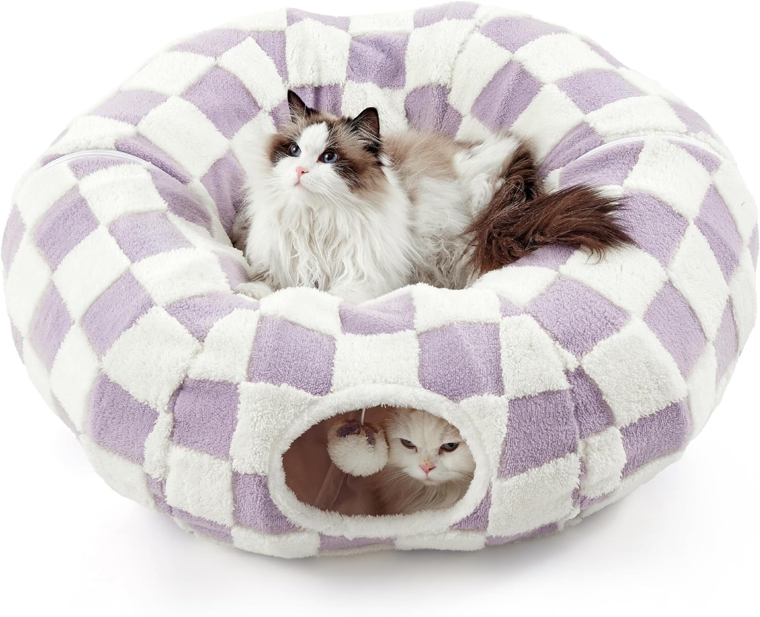 Cat Tunnel Bed for Indoor Cats - Cute Cat Donut Tunnel with Washable Circle Cushion, Round Pet Play Tunnel Toy for Kitten/Puppy/Rabbit,Purple