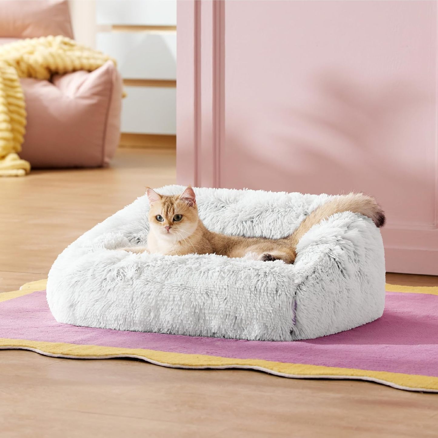 Cute Cat Couch Bed - Furry Indoor Cat Sofa Large, Washable Calming Small Dog Beds for Puppy with Fashion Design, 26x21x9inches, Gery
