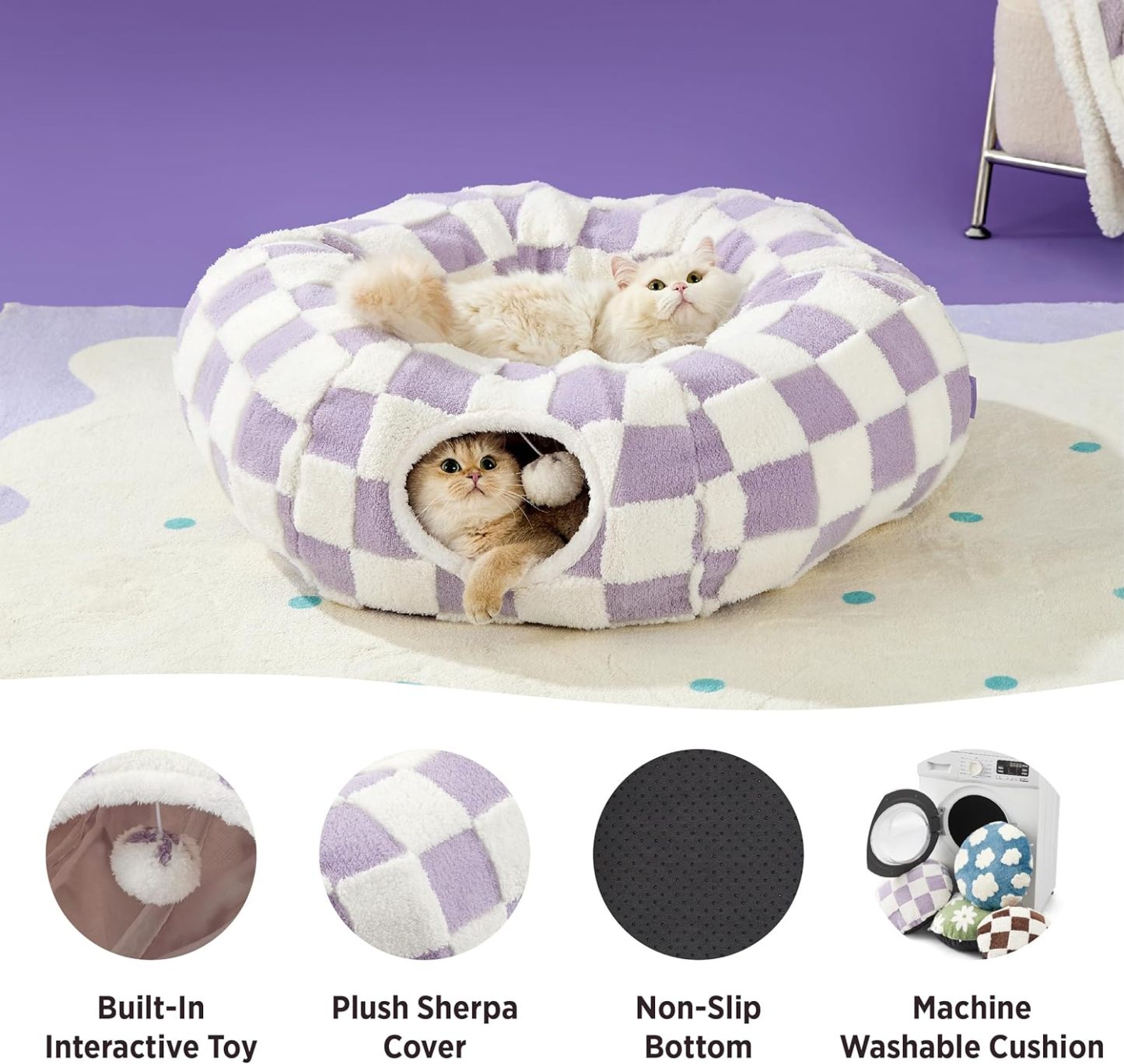 Cat Tunnel Bed for Indoor Cats - Cute Cat Donut Tunnel with Washable Circle Cushion, Round Pet Play Tunnel Toy for Kitten/Puppy/Rabbit,Purple