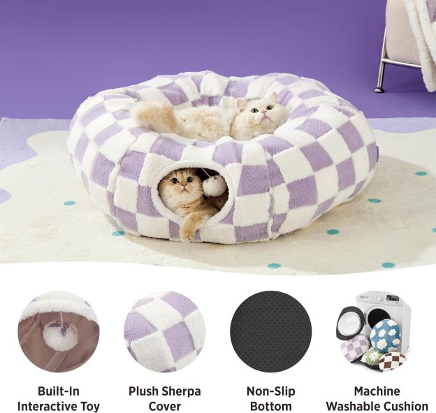 Cat Tunnel Bed for Indoor Cats - Cute Cat Donut Tunnel with Washable Circle Cushion, Round Pet Play Tunnel Toy for Kitten/Puppy/Rabbit,Purple
