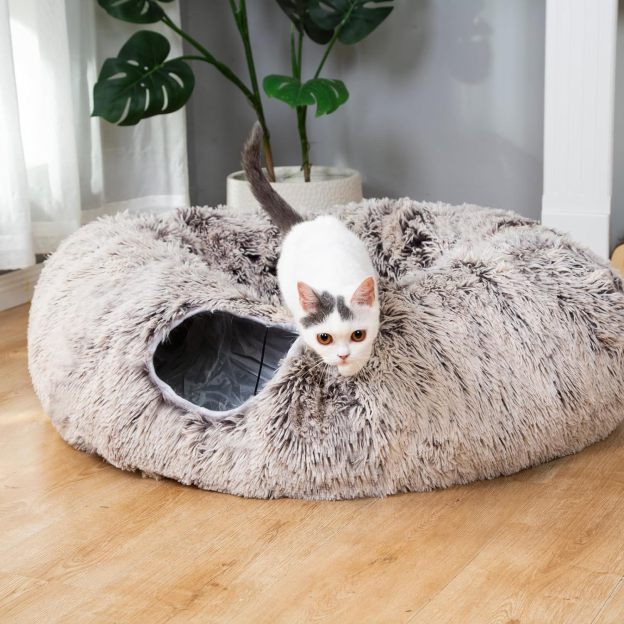 Warm Fluffy Plush Cat Dog Tunnel Bed with Washable Cushion-Big Tube Playground Toys 3 FT Diameter Longer Crinkle Collapsible 3 Way, for Indoor Cat Kitty Kitten Puppy Rabbit Ferret Brown