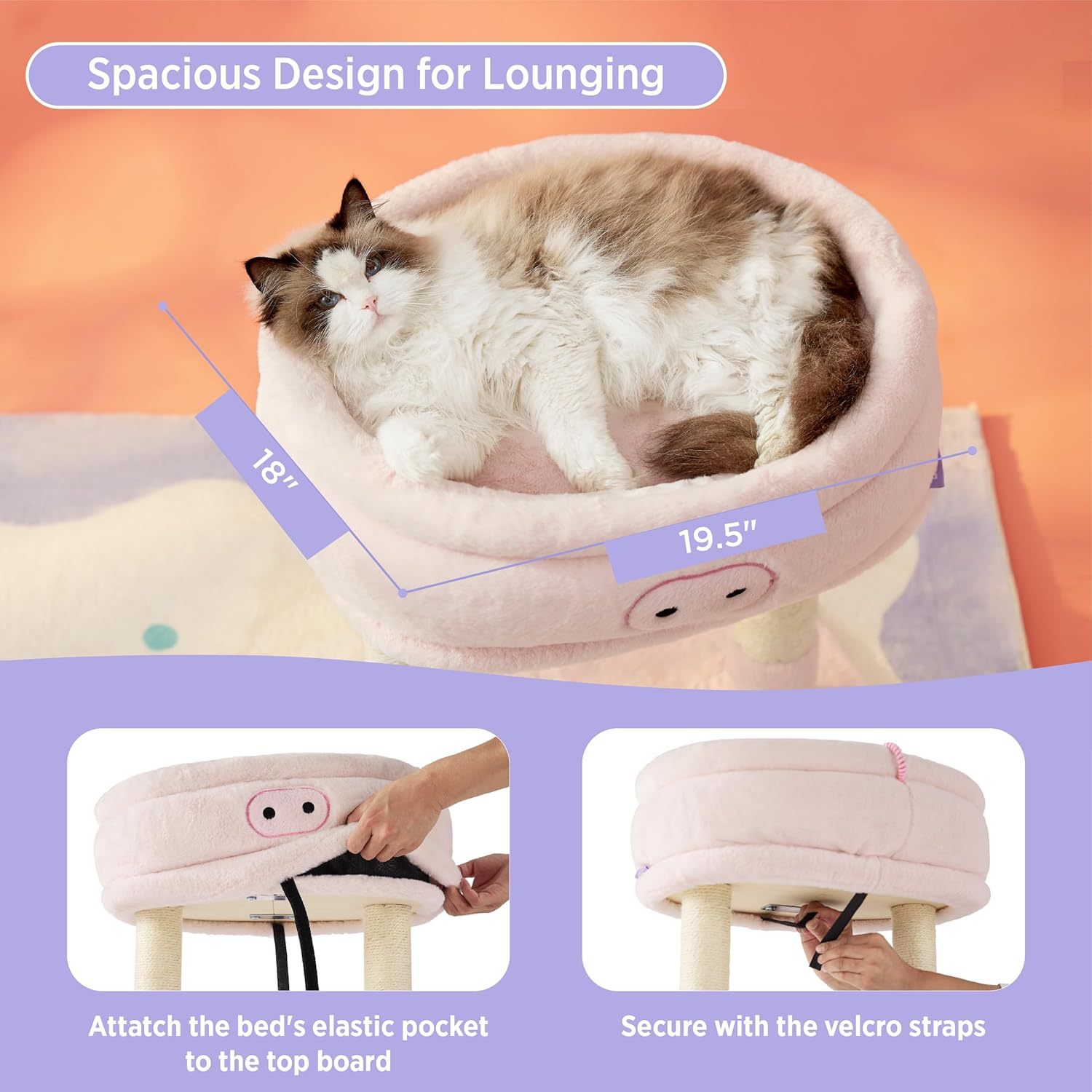 Cute Cat Tree Tower - Cat Tower with Nature Sisal Scratching Post for Indoor Large Cats and Kittens, Featuring with Soft Removable Cat Bed,Wide Perch, Playful Toy, 22x16.5x22.8in，Pink