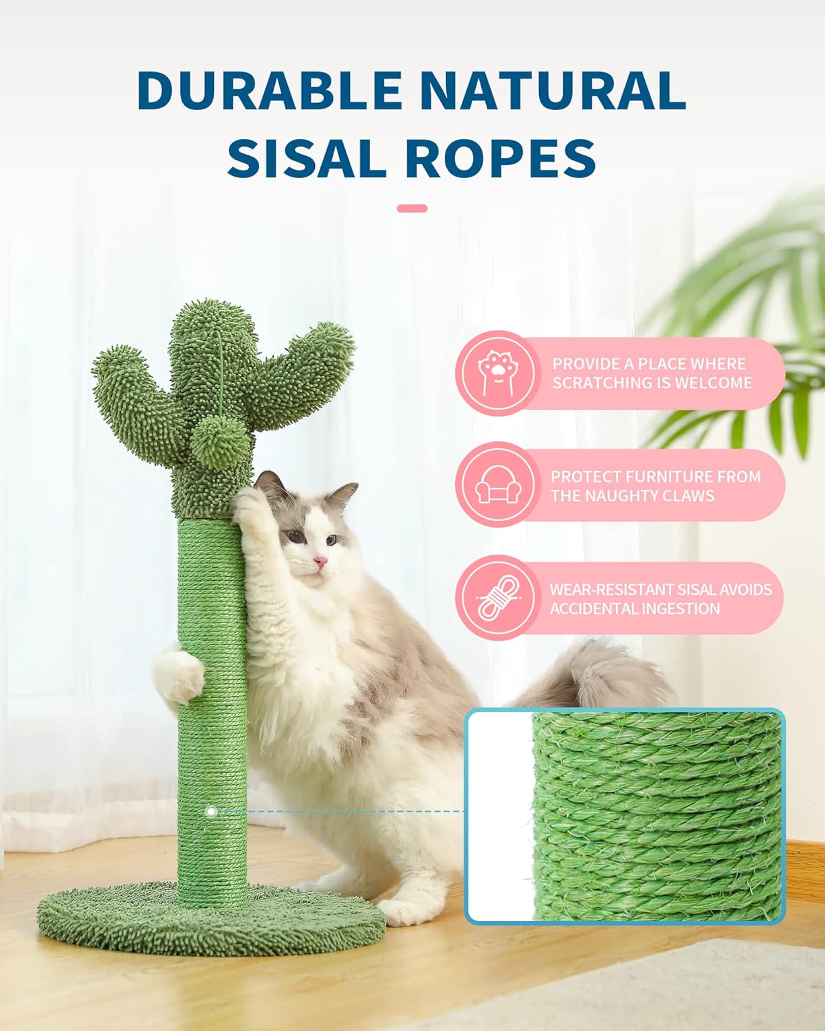 Cat Scratching Post, 21.7" Cactus Cat Scratcher Kitten Scratching Post with Natural Sisal Rope for Indoor Cats Claw Scratcher