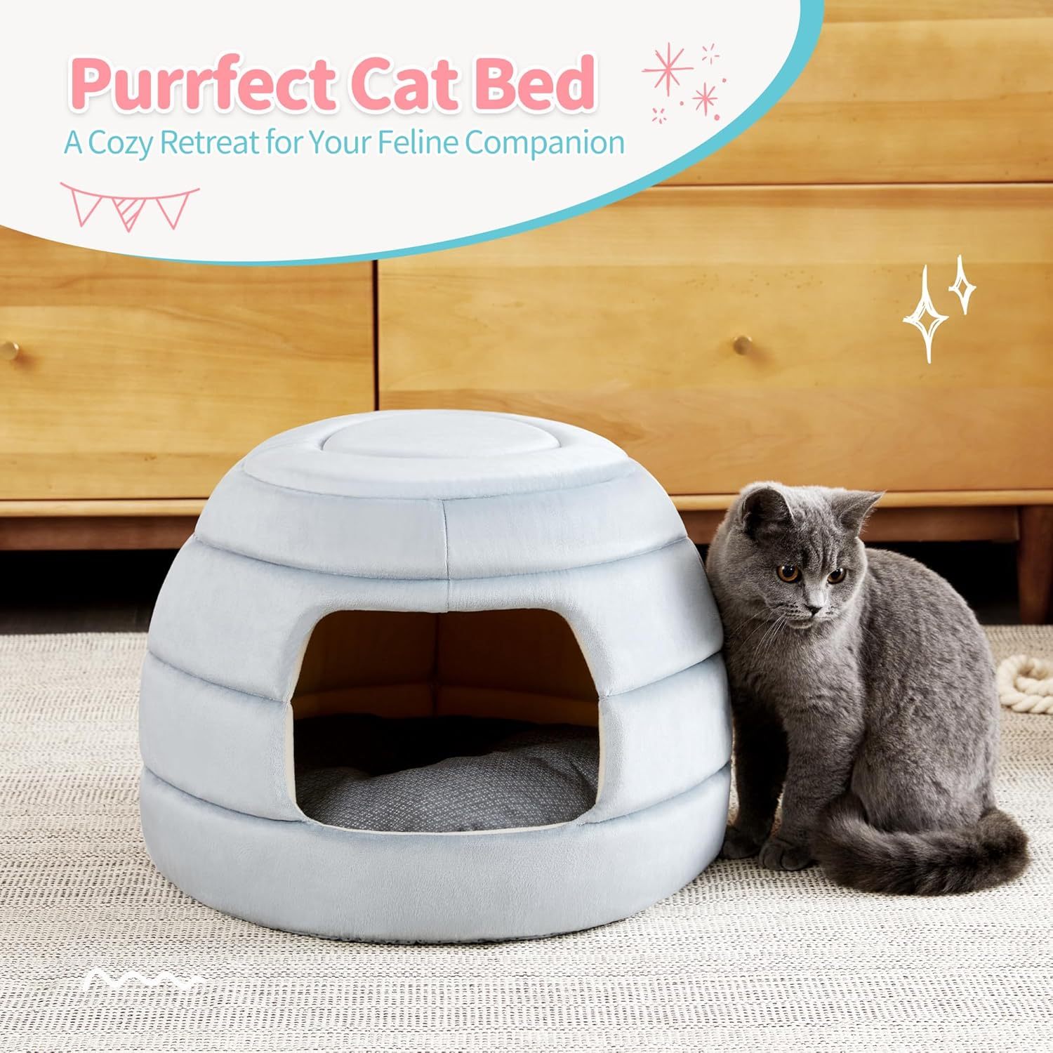 Cat Bed and House, 2-in-1 Foldable Cat Houses for Indoor Cats, Soft Velvet Cat Cave, Removable and Washable Cushion
