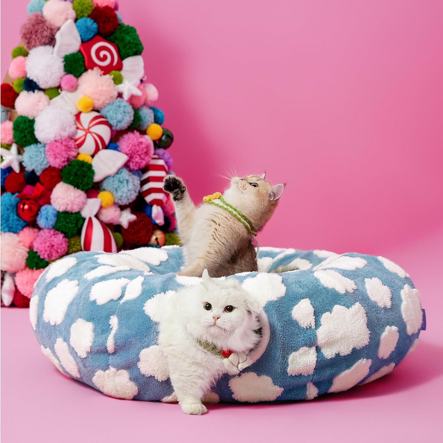 Cat Tunnel Bed for Indoor Cats - Cute Cat Donut Tunnel with Washable Circle Cushion, Round Pet Play Tunnel, 33.5"L x 33.5"W x 10"Th