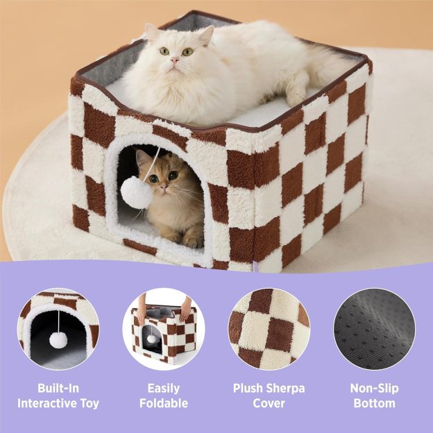 Cat Beds for Indoor Cats Cube House- Large Cat Cave for Pet Cat House with Fluffy Ball Hanging, Foldable Cat Hideaway, 16.5x16.5x13 inches, Brown Checks