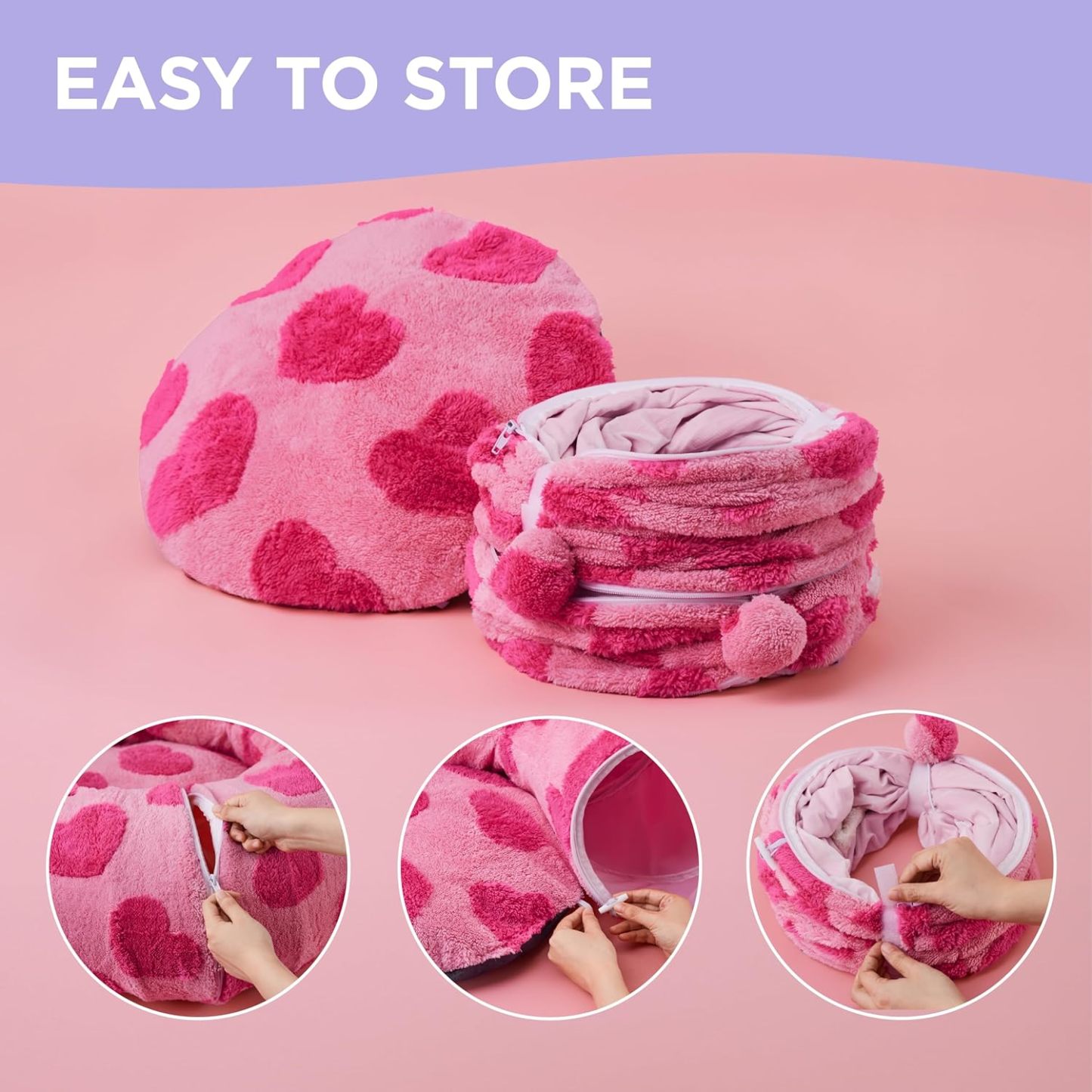 Cat Tunnel Bed for Indoor Cats - Cute Cat Donut Tunnel with Washable Circle Cushion, Round Pet Play Tunnel Toy for Kitten/Puppy/Rabbit, Pink Hearts