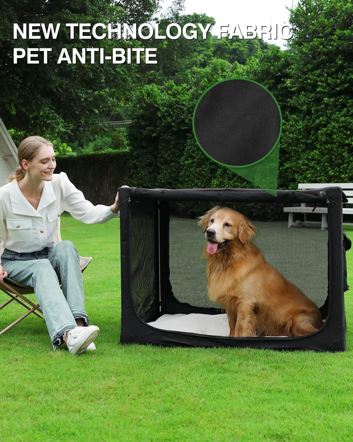 42 Inch Collapsible Travel Dog Crate for Medium Large Dogs, Portable Dog Crate 4-Door Foldable Soft Kennel with Chew-Proof Mesh Windows