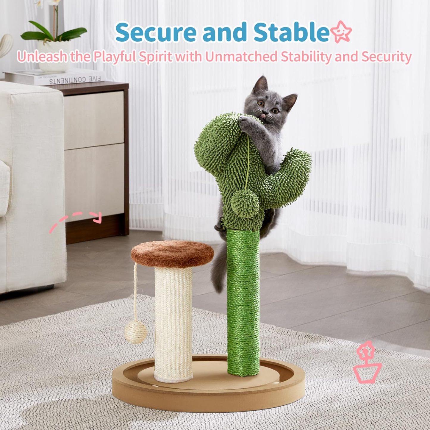 Cat Scratching Post, 21.7" Cactus Kitten Scratcher for Indoor Cats, Mushroom Cute Cat Tree with Sisal Scratch Post