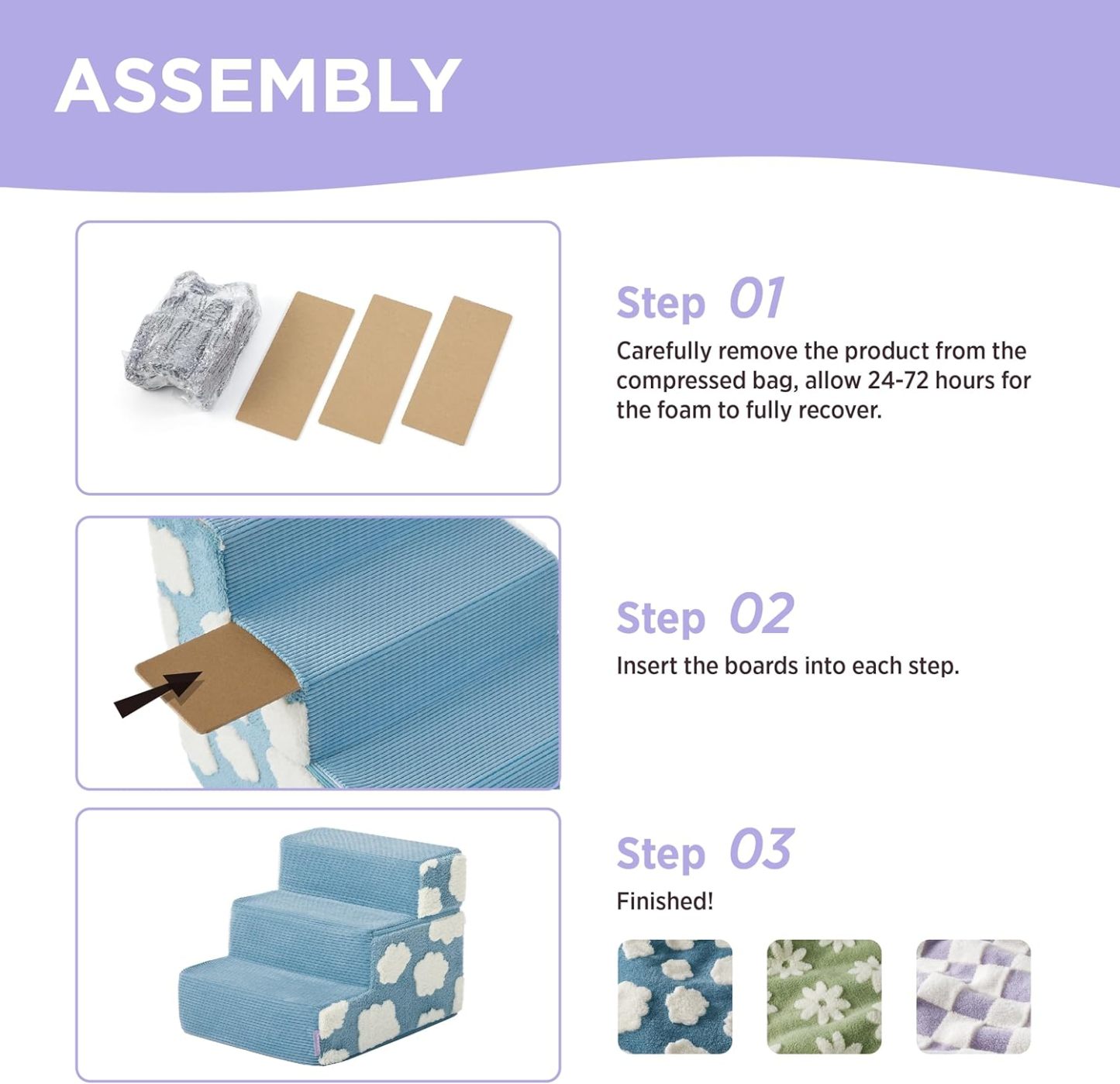 Dog Stairs for High Bed 22.5" H 5-Step Dog Steps for Couch Sofa and Chairs Foldable Foam Pet Stairs Jacquard Shaggy Plush for Small Dogs with Supporting Board and Non-Slip Bottom, Iris Purple