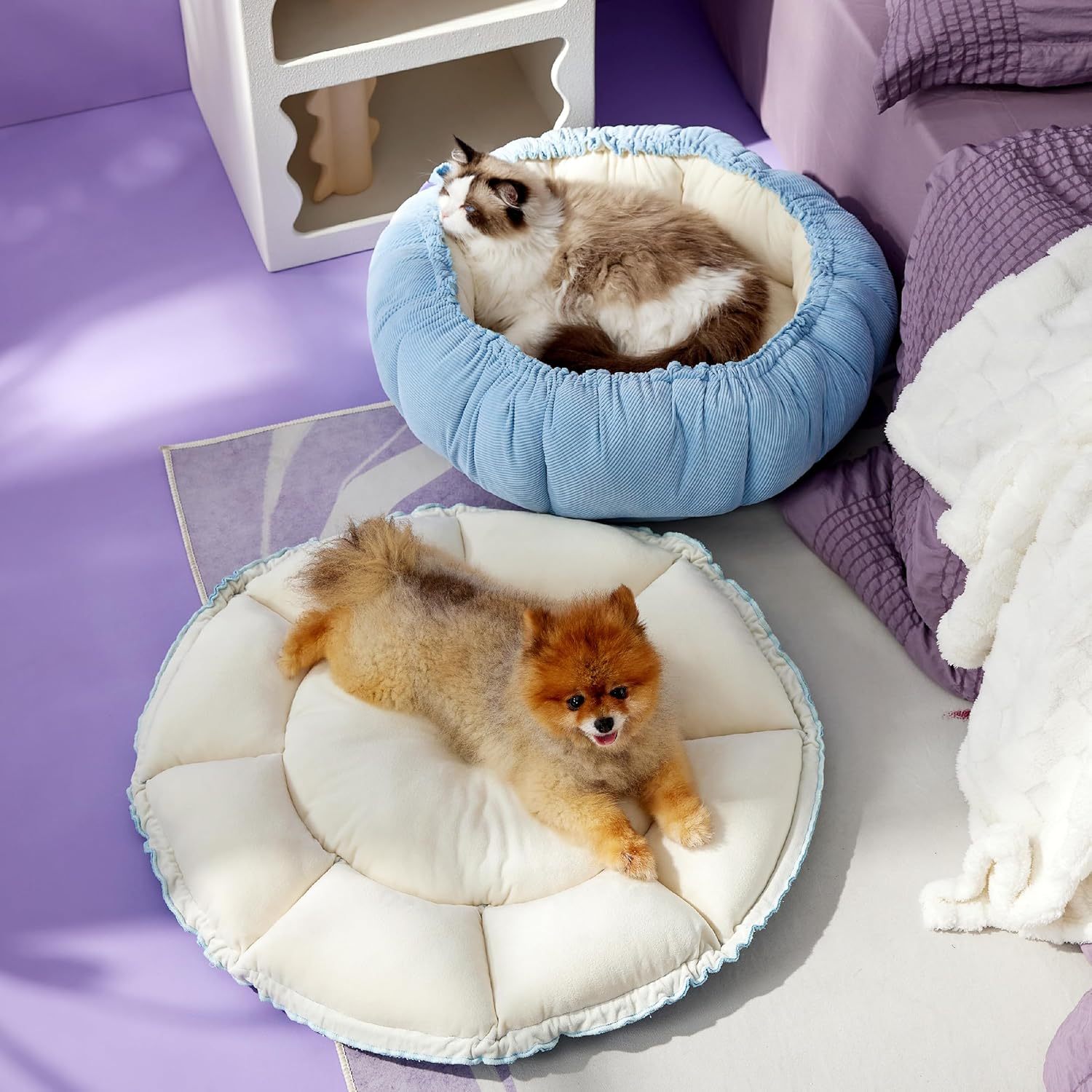 Cat Beds for Indoor Cats - Washable Cute Cat Beds with Versatile Dual-Use Design, Reversible Donut Pet Bed for Puppy and Kitten, 21x21x7 Inches