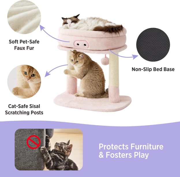 Cute Cat Tree Tower - Cat Tower with Nature Sisal Scratching Post for Indoor Large Cats and Kittens, Featuring with Soft Removable Cat Bed,Wide Perch, Playful Toy, 22x16.5x22.8in，Pink
