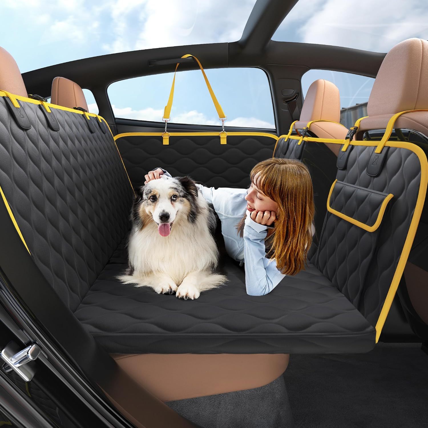 Dog Car Seat Cover for Back Seat with Hard Bottom, Pet Back Seat Extender with Supportive Egg Crate Foam, Waterproof Non-Slip Dog Hammock