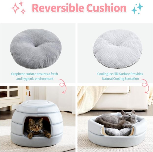 Cat Bed and House, 2-in-1 Foldable Cat Houses for Indoor Cats, Soft Velvet Cat Cave, Removable and Washable Cushion