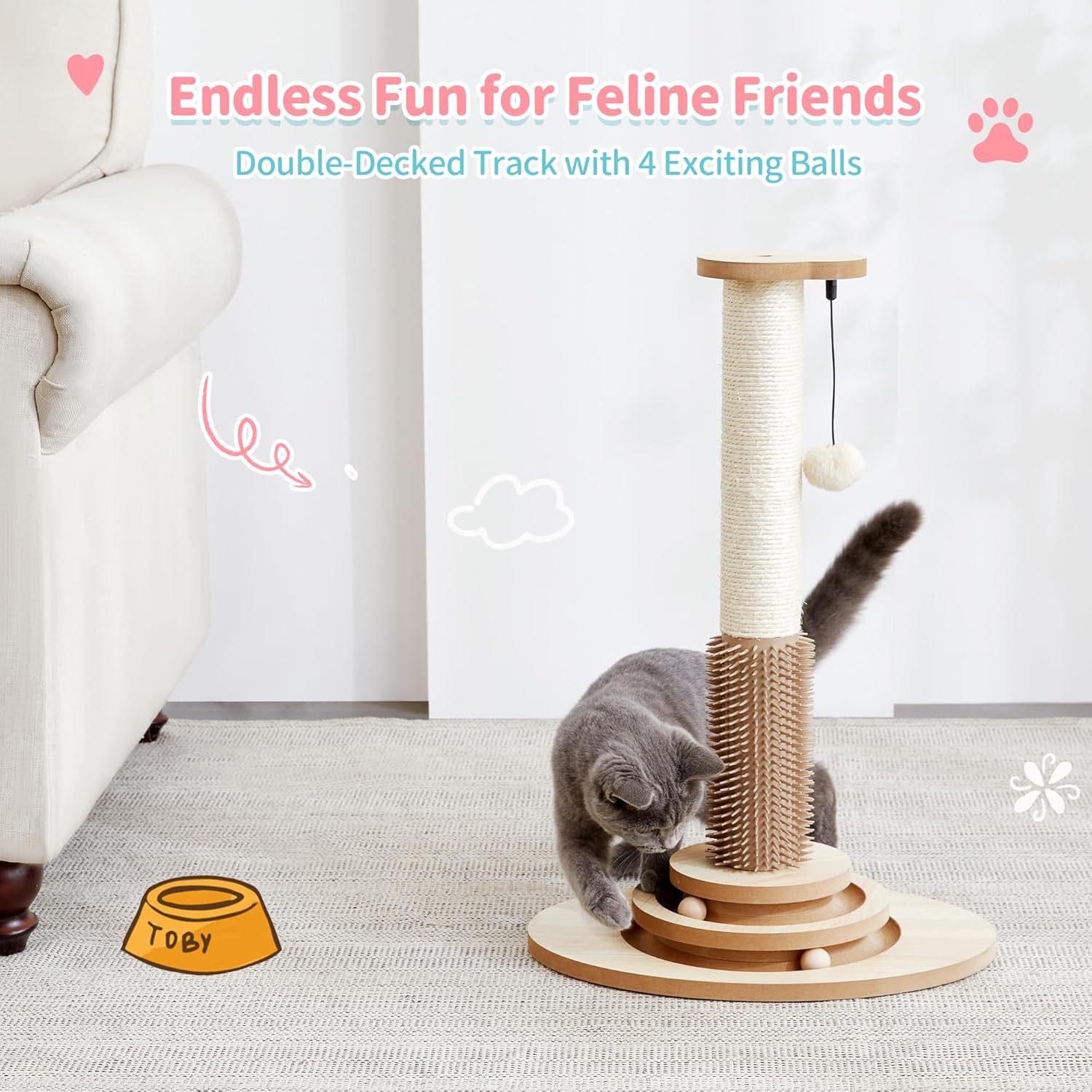 Cat Scratching Post, 23" Tall Sisal Cat Scratcher Post with Cat Self Groomer, 4-in-1 Interactive Trackball Toys with Cat Hair Brush