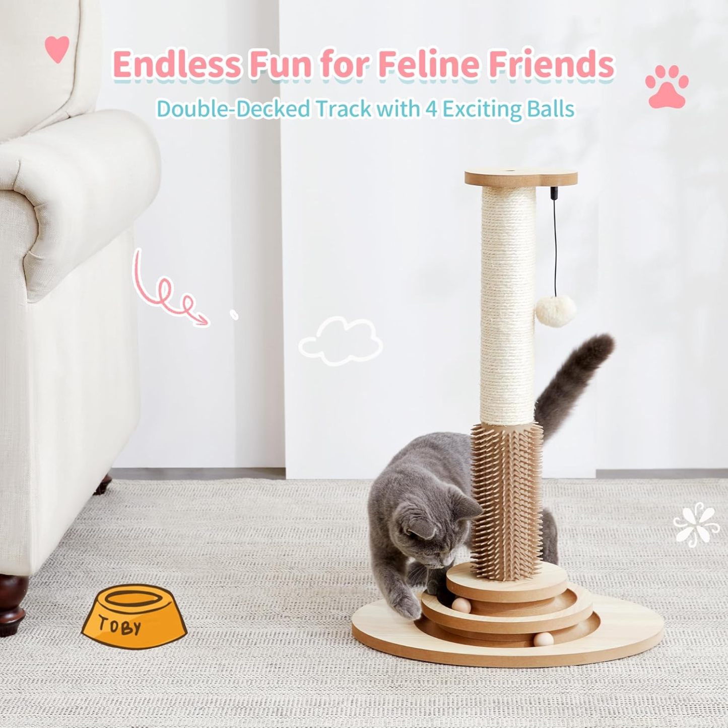 Cat Scratching Post, 23" Tall Sisal Cat Scratcher Post with Cat Self Groomer, 4-in-1 Interactive Trackball Toys with Cat Hair Brush