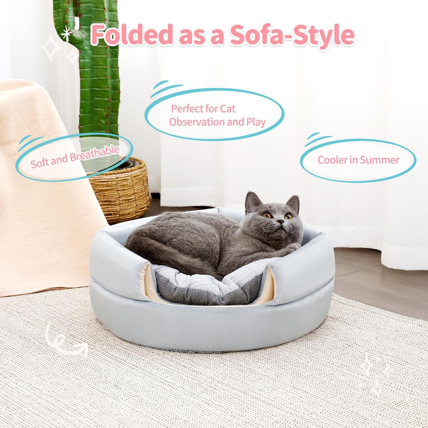 Cat Bed and House, 2-in-1 Foldable Cat Houses for Indoor Cats, Soft Velvet Cat Cave, Removable and Washable Cushion