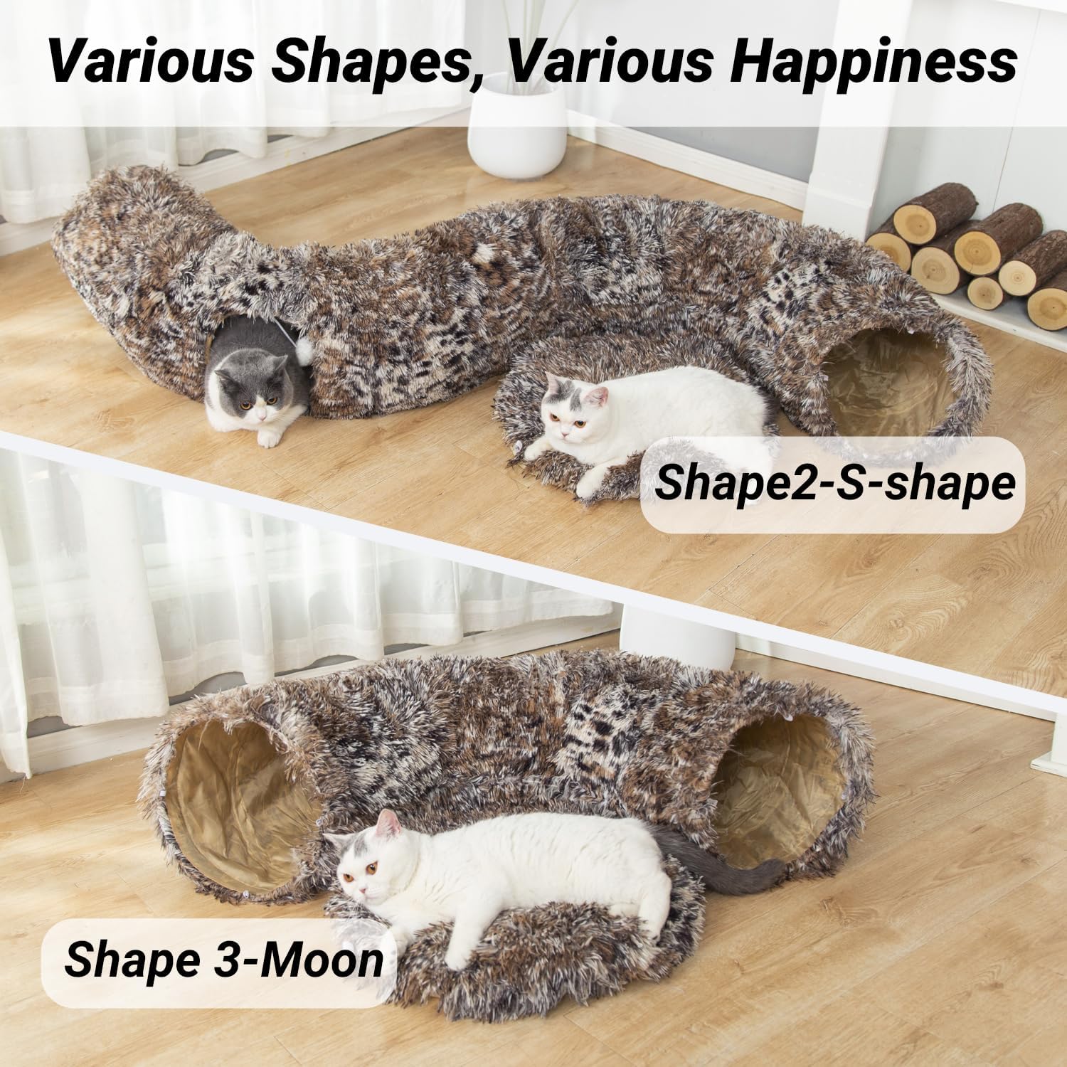 Warm Fluffy Plush Cat Dog Tunnel Bed with Washable Cushion- Big Tube Playground Toys 3 FT Diameter Collapsible, for Indoor Cat Kitty Kitten Puppy Rabbit Ferret Leopard Print