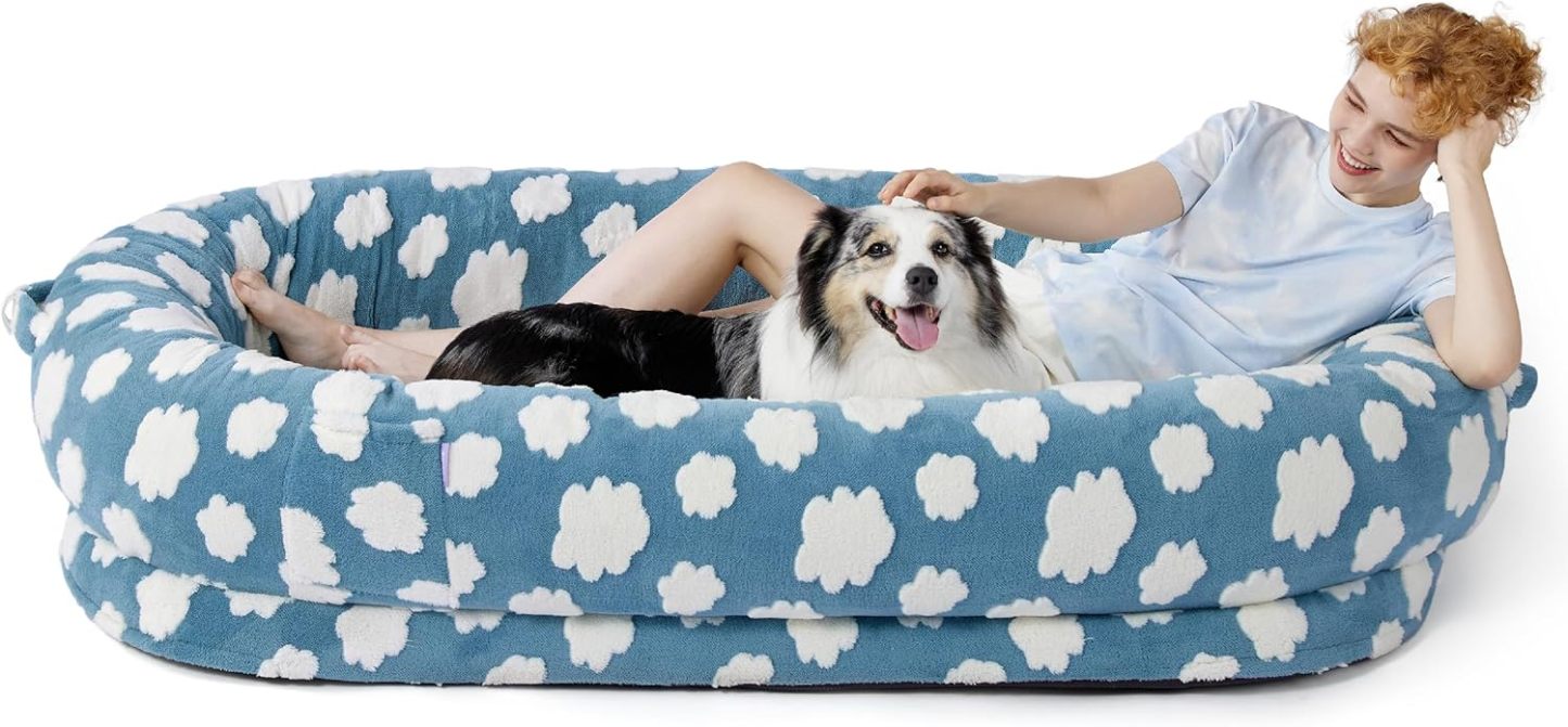 Human Dog Bed for Adult - Calming Human Size Dog Bed with Egg Foam Supportive Mat and Storage Pocket, Cute Modern Pet Beds with Jacquard Shaggy Plush & Anti Slip Bottom 68x44x12, Blue