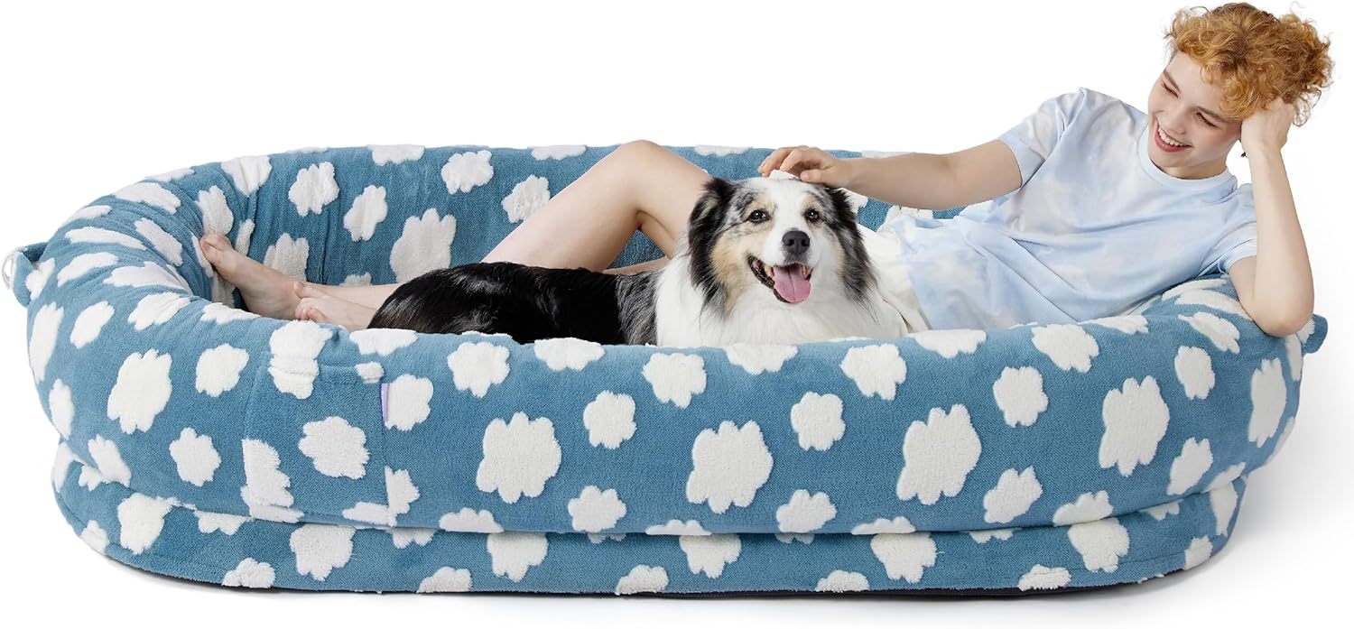 Human Dog Bed for Adult - Calming Human Size Dog Bed with Egg Foam Supportive Mat and Storage Pocket, Cute Modern Pet Beds with Jacquard Shaggy Plush & Anti Slip Bottom 68x44x12, Blue