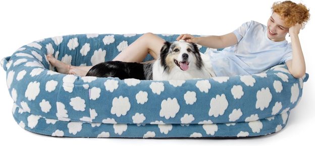 Human Dog Bed for Adult - Calming Human Size Dog Bed with Egg Foam Supportive Mat and Storage Pocket, Cute Modern Pet Beds with Jacquard Shaggy Plush & Anti Slip Bottom 68x44x12, Blue