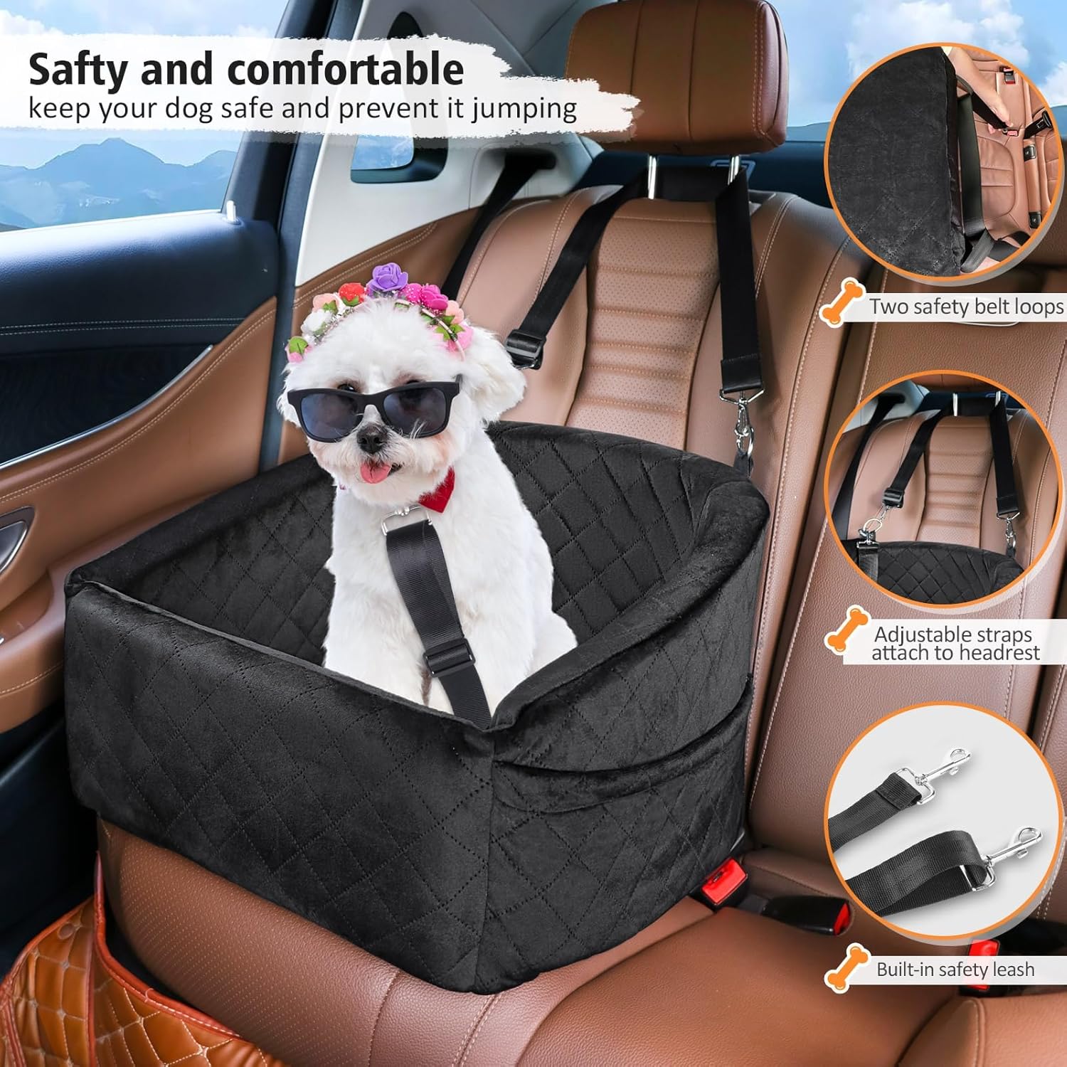 Dog Car Seat for Small Medium Dogs,Detachable Washable Dog Booster Seat Under 30lbs, Pet Car Seat Travel Bed with Storage Pockets and Dog Safety Belt