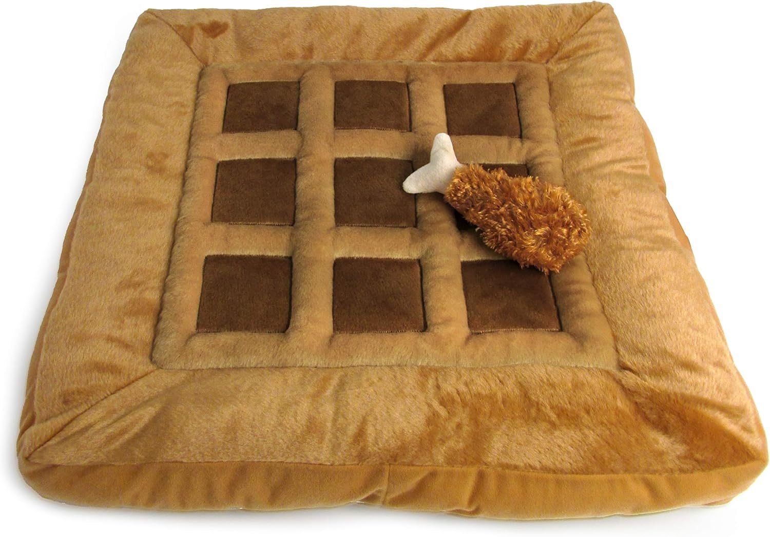 Soft Plush Small Cute and Cozy Chicken and Waffles Dog Cat Bed, Chicken Crinkle Toy Included, Washer and Dryer Friendly (Brown)