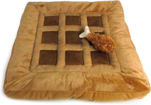 Soft Plush Small Cute and Cozy Chicken and Waffles Dog Cat Bed, Chicken Crinkle Toy Included, Washer and Dryer Friendly (Brown)