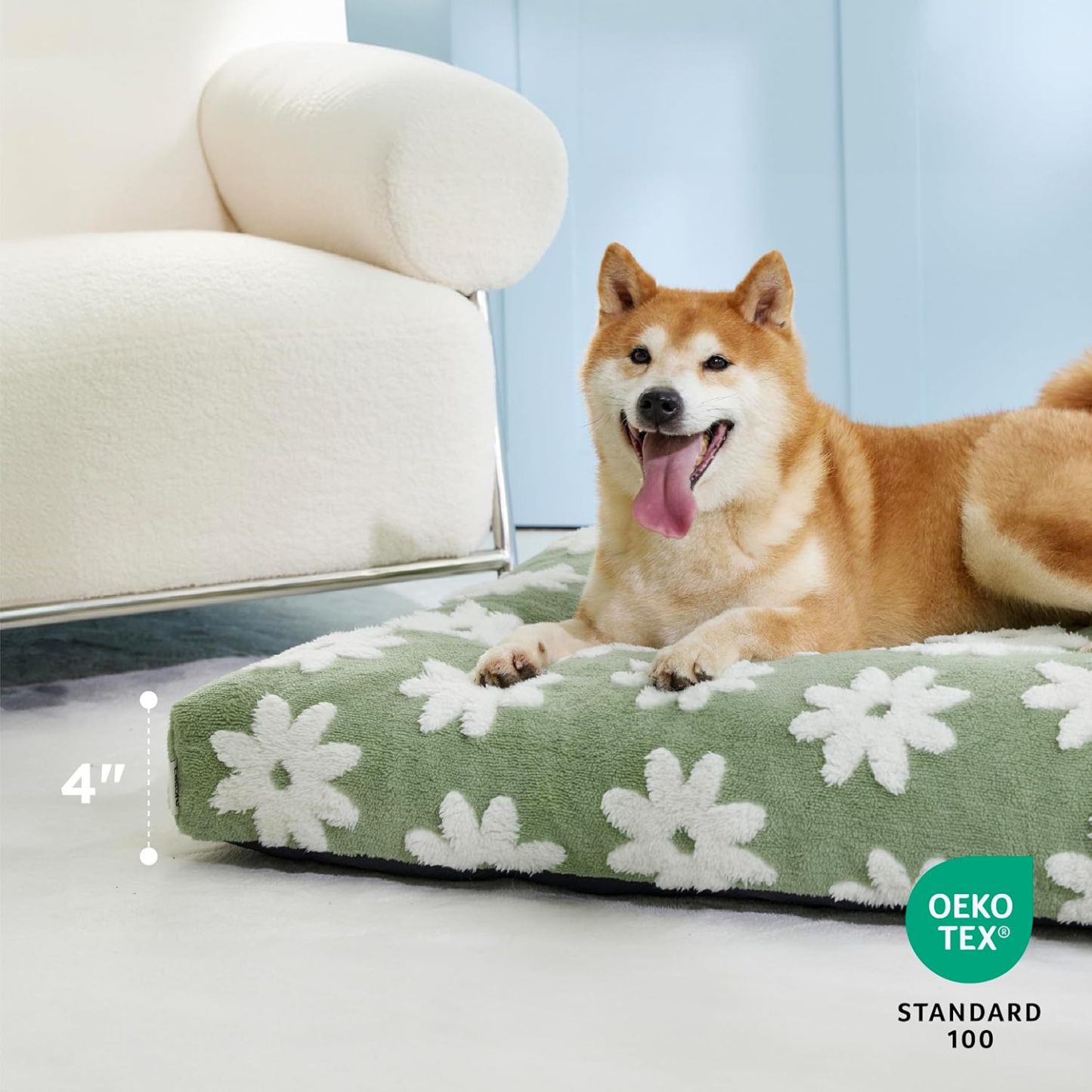 Dog Beds Large Sized Dog-Thick Shredded Chopped Foam Pet Bed, Dog Bed Indoor with Removable Cover, Cute Modern Fuzzy Plush & Anti Slip Bottom(35'x22', Green)