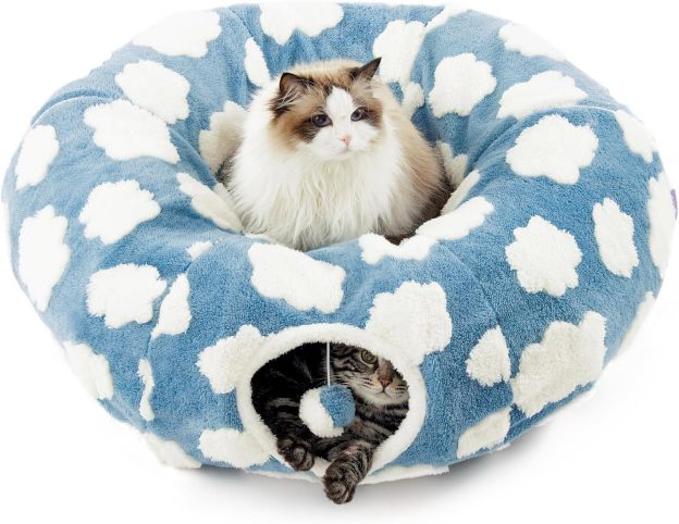 Cat Tunnel Bed for Indoor Cats - Cute Cat Donut Tunnel with Washable Circle Cushion, Round Pet Play Tunnel, 33.5"L x 33.5"W x 10"Th