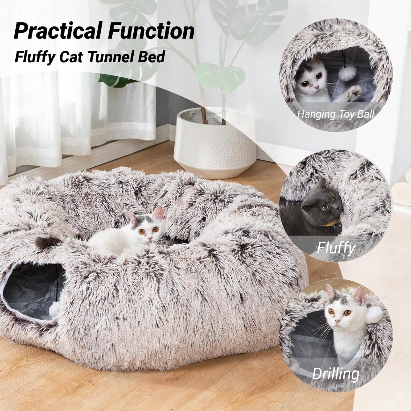 Warm Fluffy Plush Cat Dog Tunnel Bed with Washable Cushion-Big Tube Playground Toys 3 FT Diameter Longer Crinkle Collapsible 3 Way, for Indoor Cat Kitty Kitten Puppy Rabbit Ferret Brown