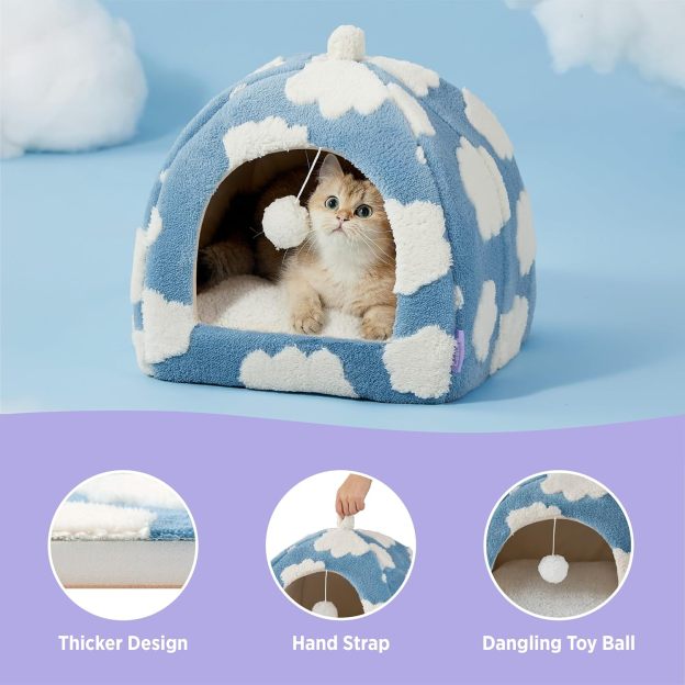 Cute Cat Beds for Indoor Cats - 2 in 1 Cat Cave Bed for Kittens and Small Pets, Cat House with Removable Washable Cushioned Pillow, Cozy Cat Tent House with Non-Slip Bottom, Blue, 16 inches