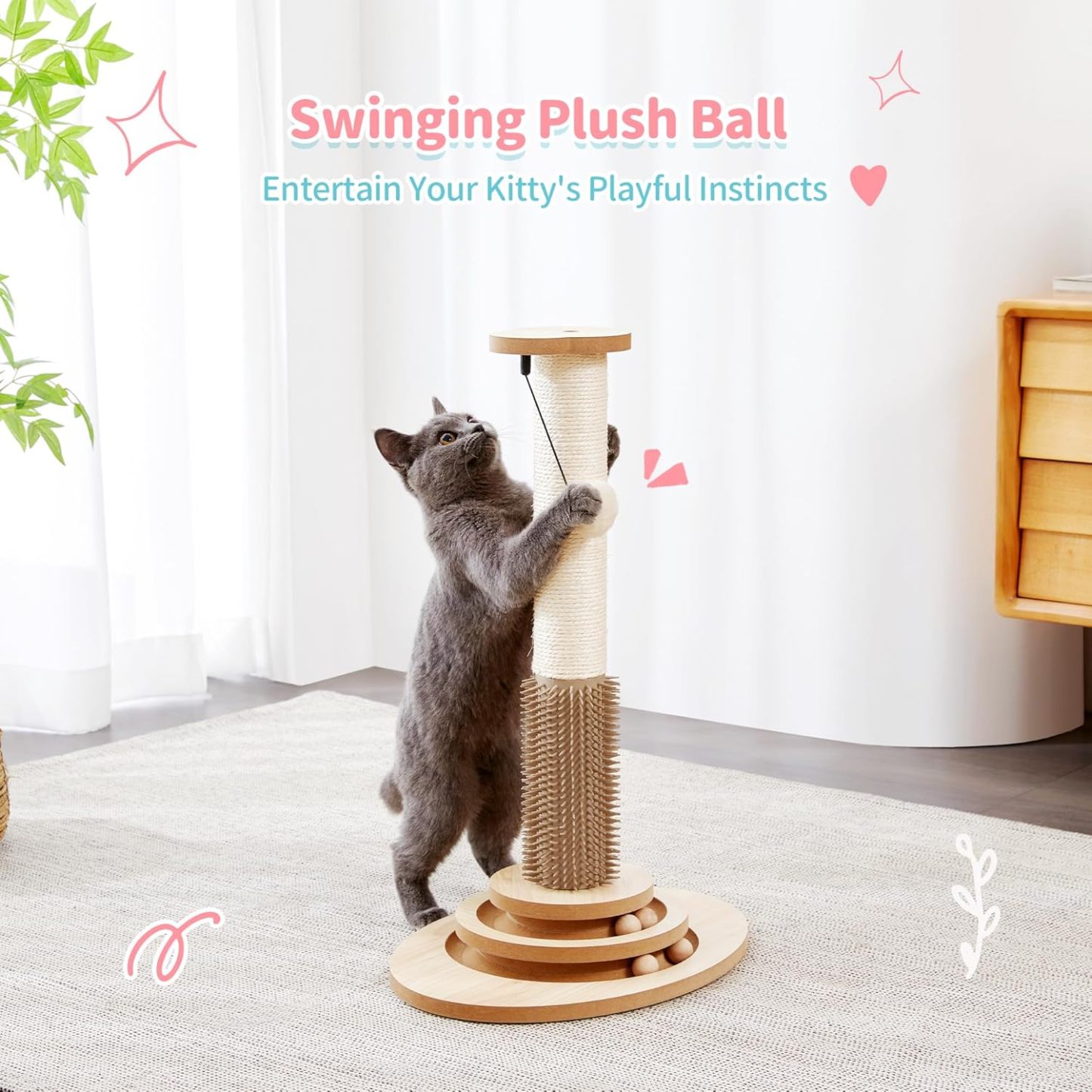 Cat Scratching Post, 23" Tall Sisal Cat Scratcher Post with Cat Self Groomer, 4-in-1 Interactive Trackball Toys with Cat Hair Brush