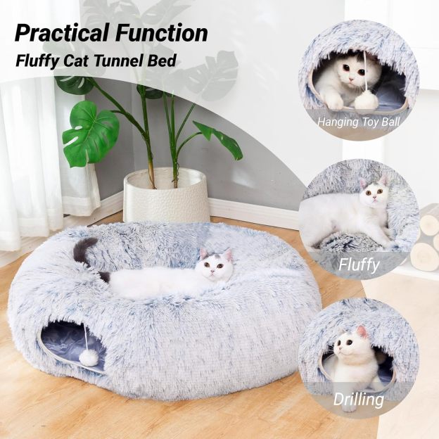 Warm Fluffy Plush Cat Dog Tunnel Bed with Washable Cushion-Big Tube Playground Toys 3 FT Diameter Longer Crinkle Collapsible 3 Way, for Indoor Cat Kitty Kitten Puppy Rabbit Ferret Blue