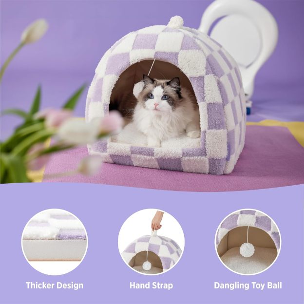 Cute Cat Beds for Indoor Cats - 2 in 1 Cat Cave Bed for Large Cats, Cat House with Removable Washable Cushioned Pillow, Cozy Cat Tent House with Non-Slip Bottom, Purple, 17.3 inches