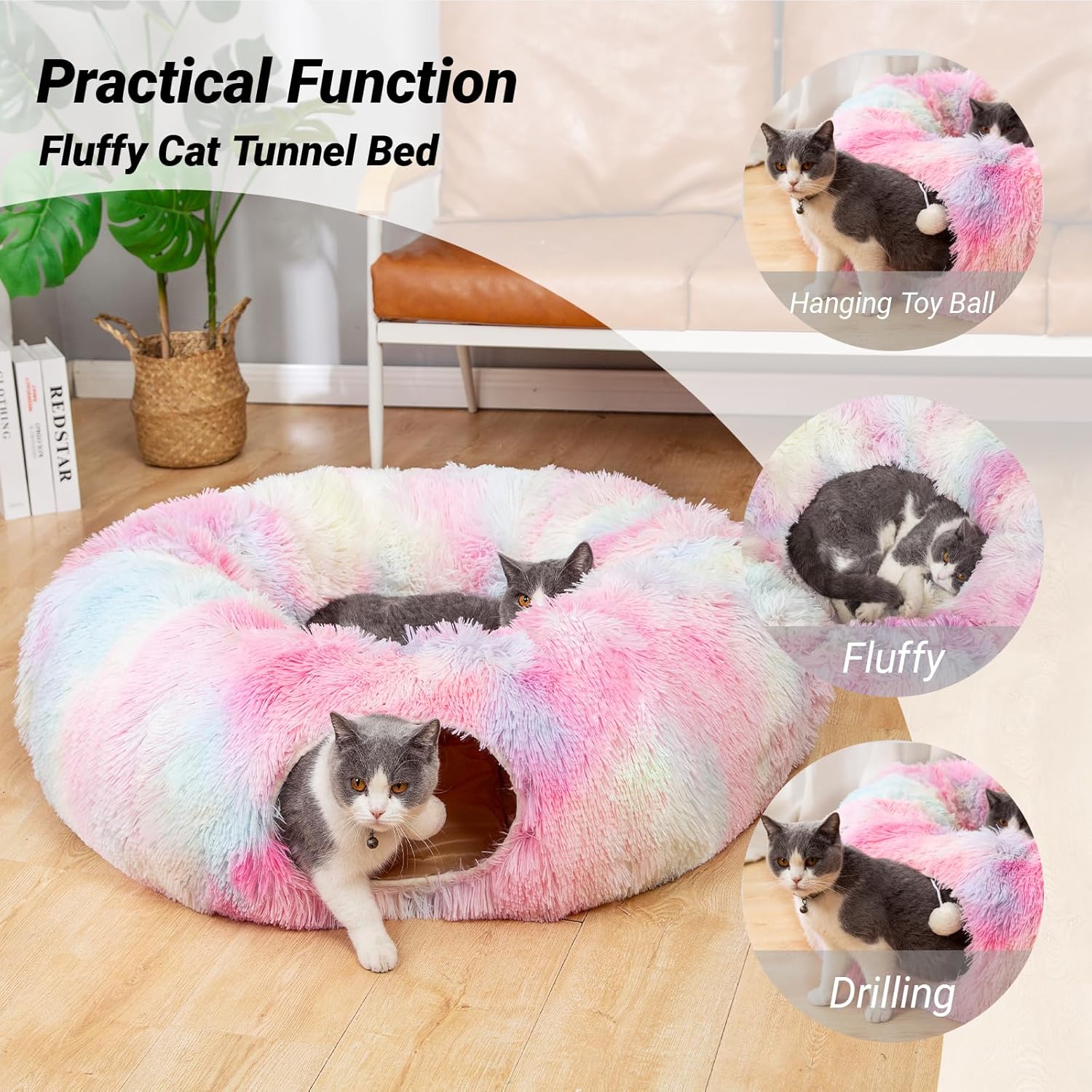Warm Fluffy Plush Cat Dog Tunnel Bed with Washable Cushion-Big Tube Playground Toys 3 FT Diameter Longer Crinkle Collapsible 3 Way, for Indoor Cat Kitty Kitten Puppy Rabbit Ferret Rainbow