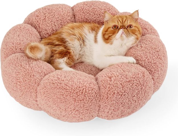 Calming Cat Beds for Indoor Cats - Cute Flower Pet Beds in Teddy Sherpa Plush, Donut Round Fluffy Puppy Bed, Non-Slip Extra Small Dog Bed Fits up to 15 lbs, Machine Washable, Pink 20"