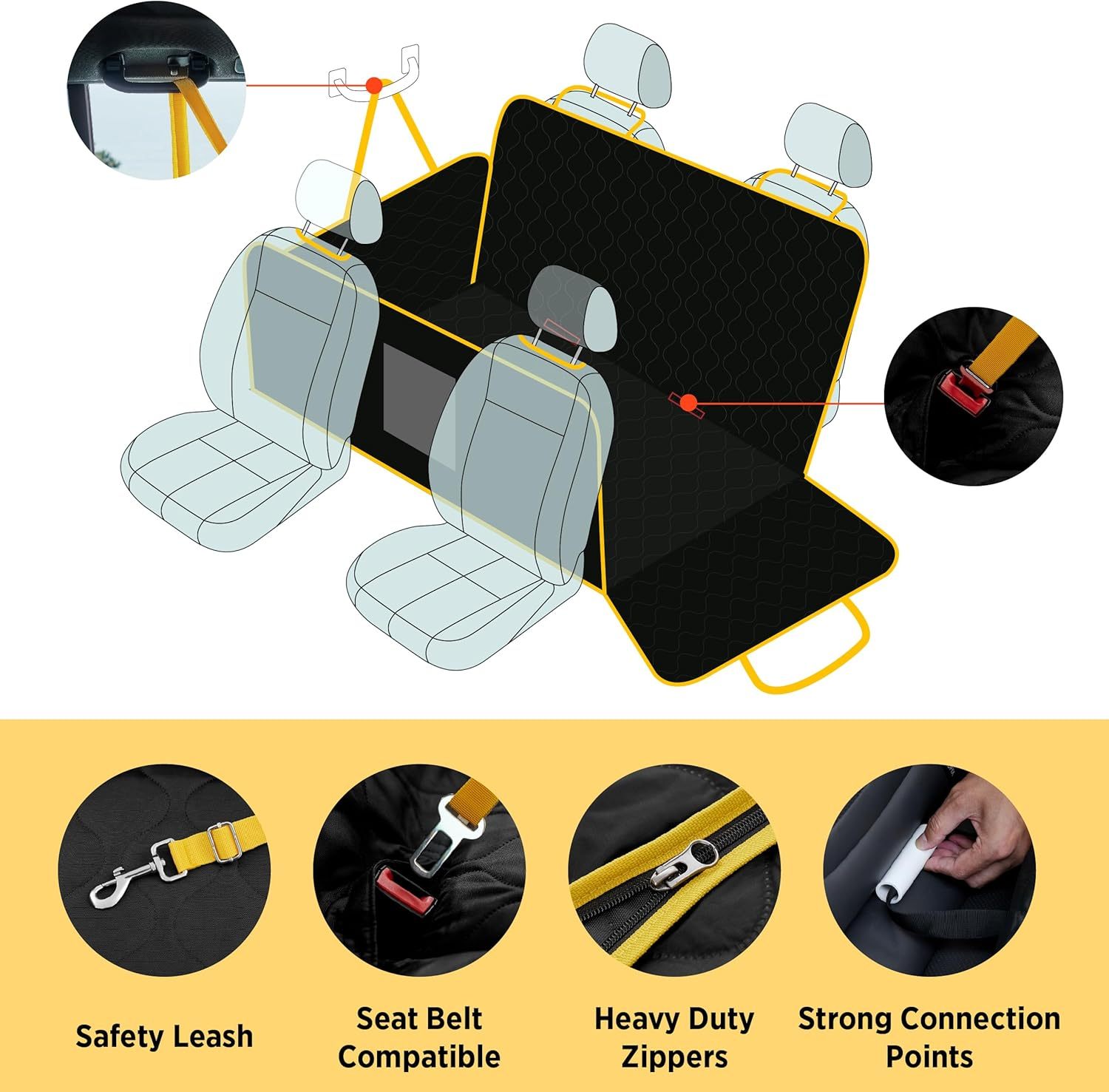 Dog Car Seat Cover for Back Seat with Hard Bottom, Pet Back Seat Extender with Supportive Egg Crate Foam, Waterproof Non-Slip Dog Hammock