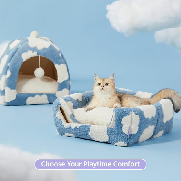 Cute Cat Beds for Indoor Cats - 2 in 1 Cat Cave Bed for Kittens and Small Pets, Cat House with Removable Washable Cushioned Pillow, Cozy Cat Tent House with Non-Slip Bottom, Blue, 16 inches