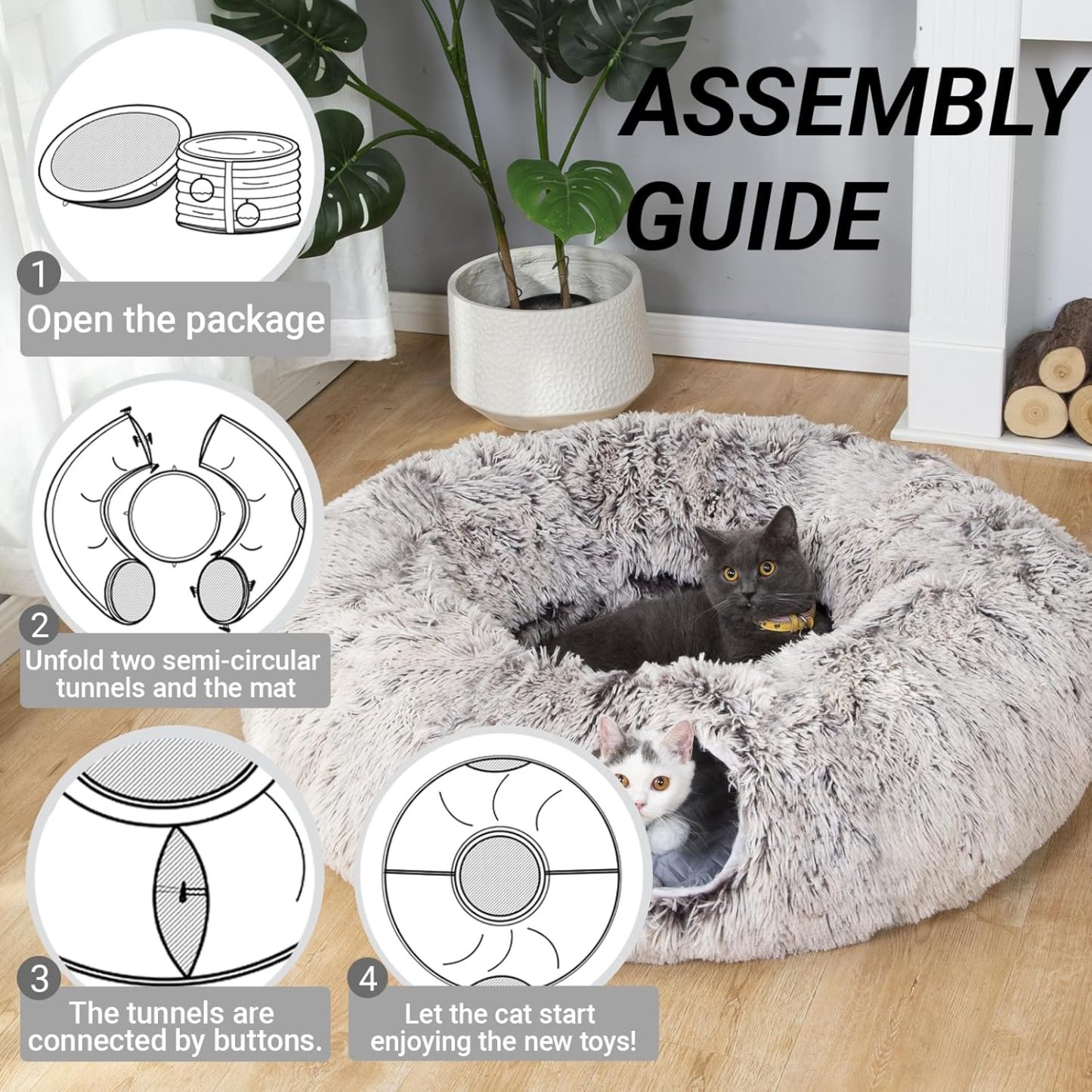 Warm Fluffy Plush Cat Dog Tunnel Bed with Washable Cushion-Big Tube Playground Toys 3 FT Diameter Longer Crinkle Collapsible 3 Way, for Indoor Cat Kitty Kitten Puppy Rabbit Ferret Brown