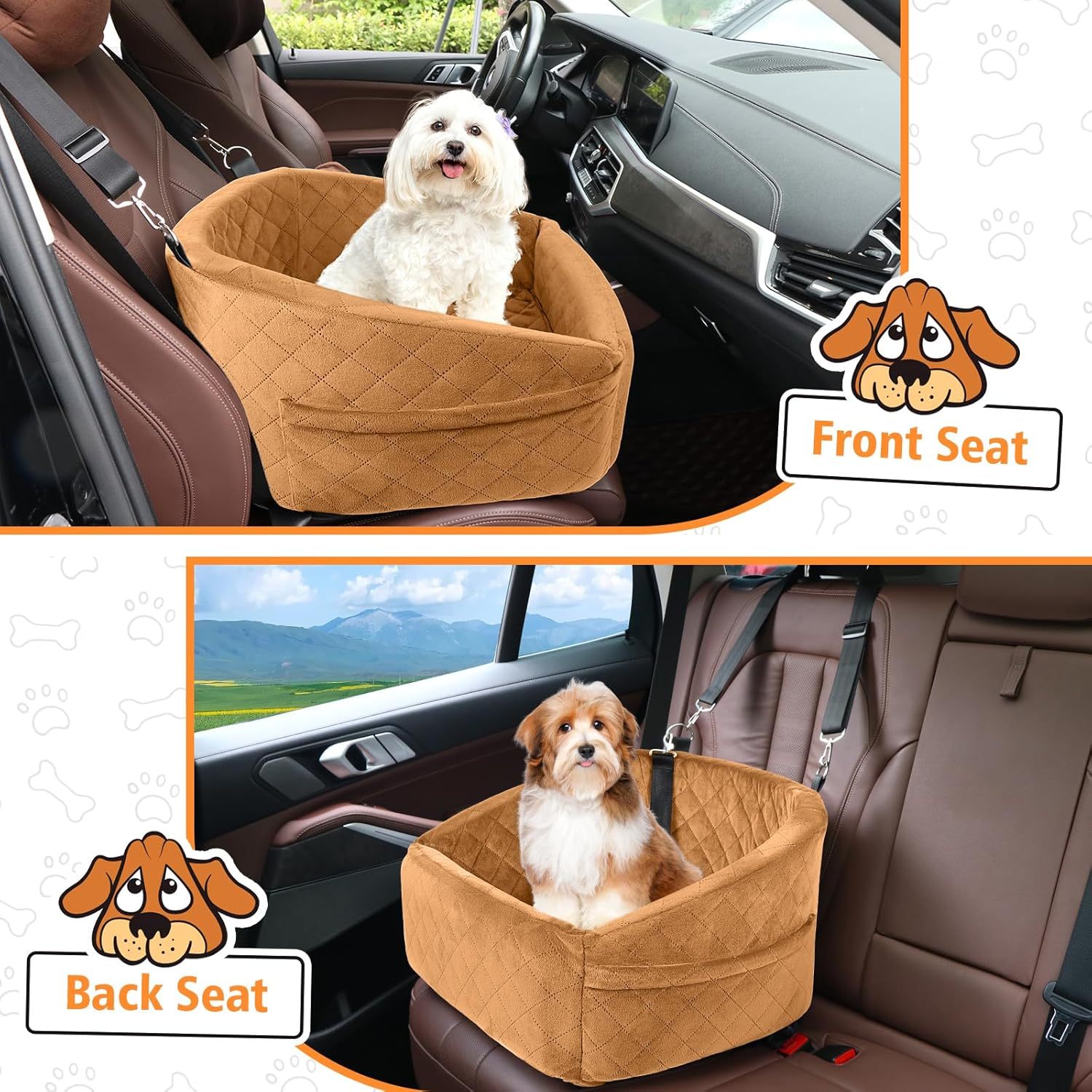 Dog Car Seat for Small Medium Dogs,Detachable Washable Dog Booster Seat Under 30lbs,Pet Car Seat Travel Bed with Storage Pockets and Dog Safety Belt (Brown)