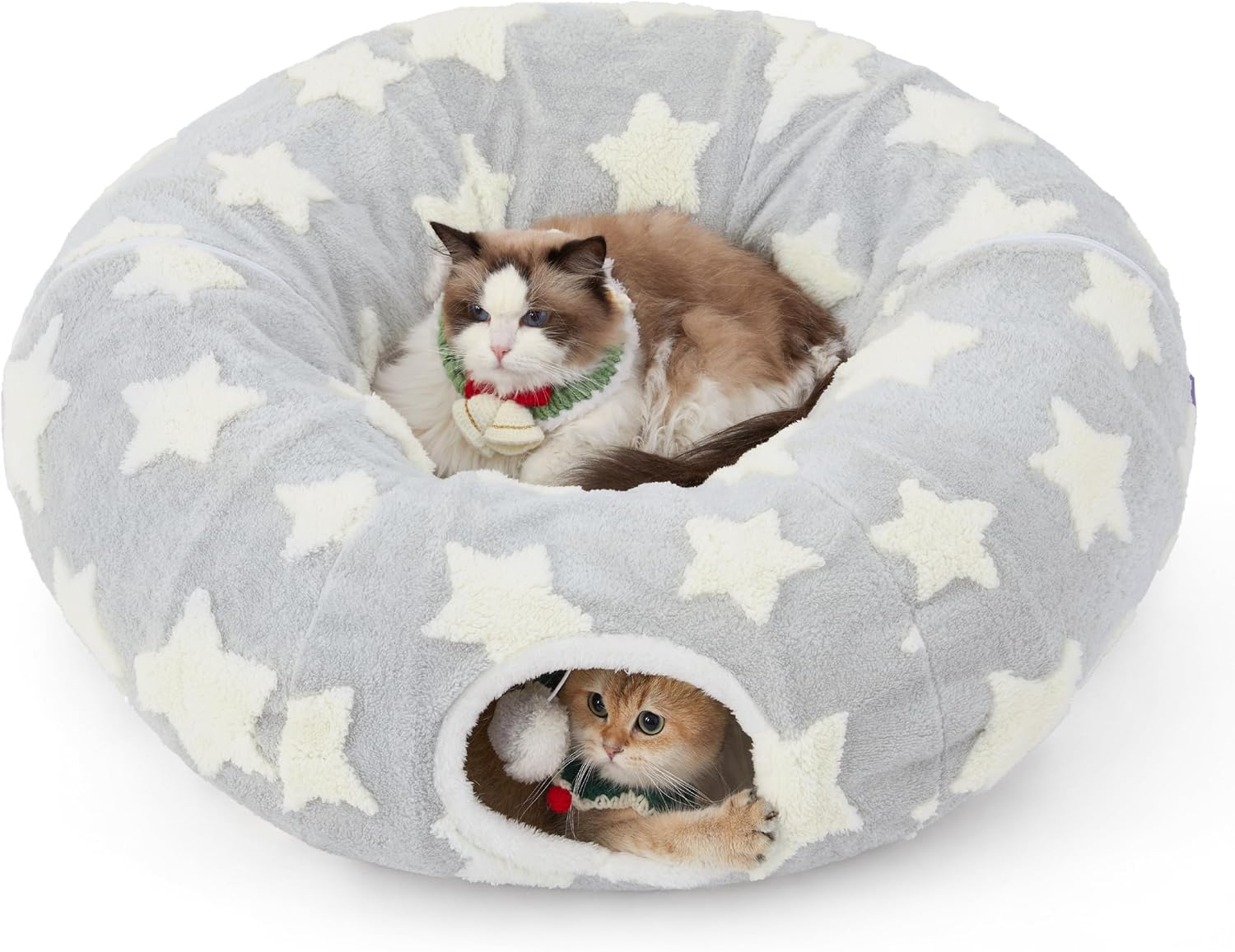 Cat Tunnel Bed for Indoor Cats - Cute Cat Donut Tunnel with Washable Circle Cushion, Round Pet Play Tunnel Toy for Kitten/Puppy/Rabbit, Grey