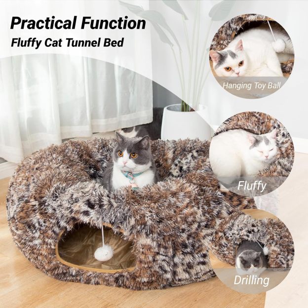 Warm Fluffy Plush Cat Dog Tunnel Bed with Washable Cushion- Big Tube Playground Toys 3 FT Diameter Collapsible, for Indoor Cat Kitty Kitten Puppy Rabbit Ferret Leopard Print