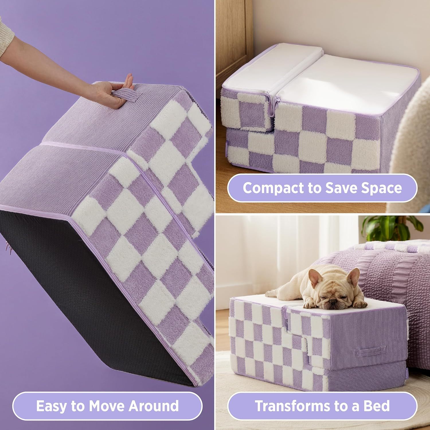 Dog Stairs for High Bed 22.5" H 5-Step Dog Steps for Couch Sofa and Chairs Foldable Foam Pet Stairs Jacquard Shaggy Plush for Small Dogs with Supporting Board and Non-Slip Bottom, Iris Purple