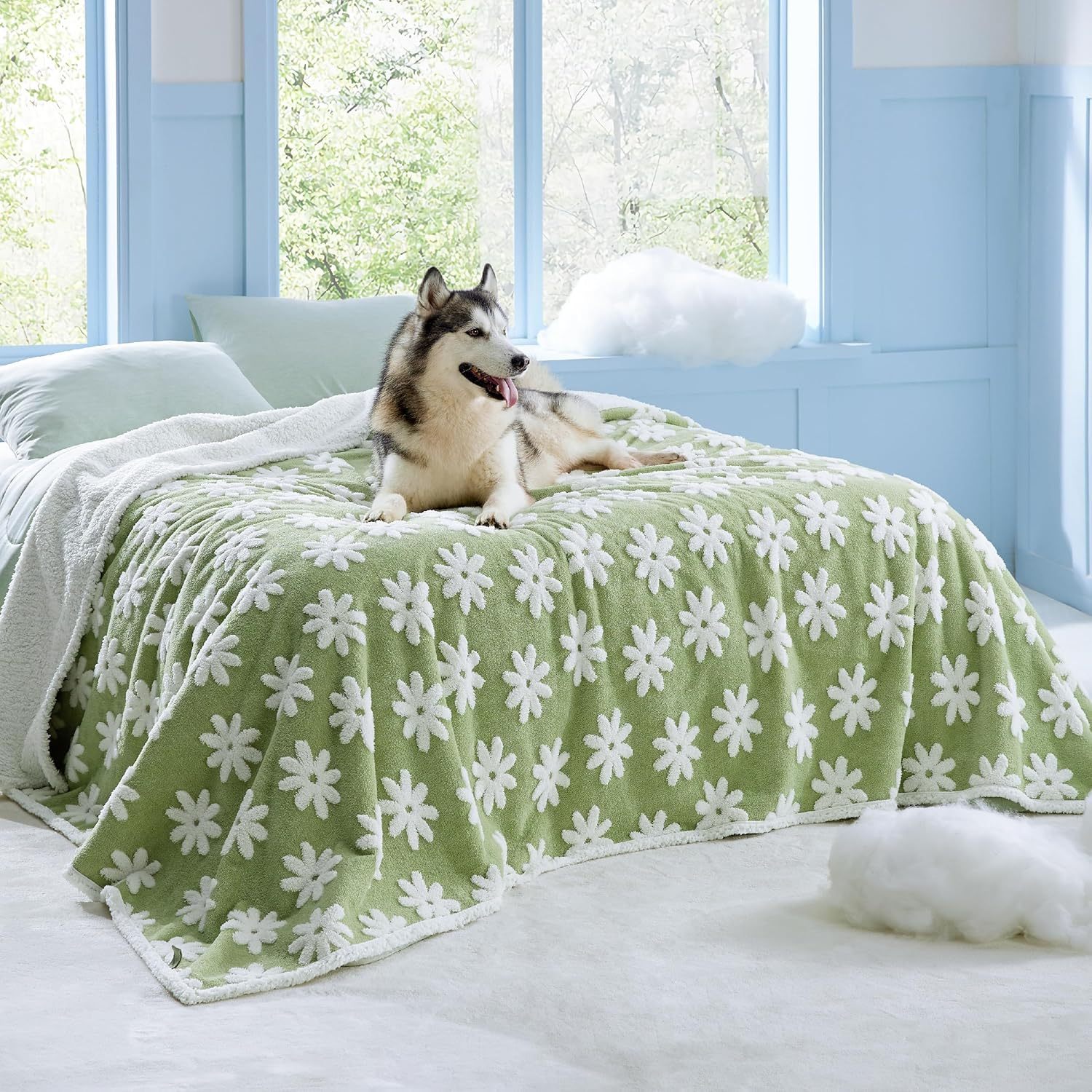 Waterproof Dog Blanket for Large Dogs - Washable Double Sided Dog Blankets with Warm Jacquard Shag and Soft Sherpa Fleece, Pet Cat Blanket for Queen Bed Protection