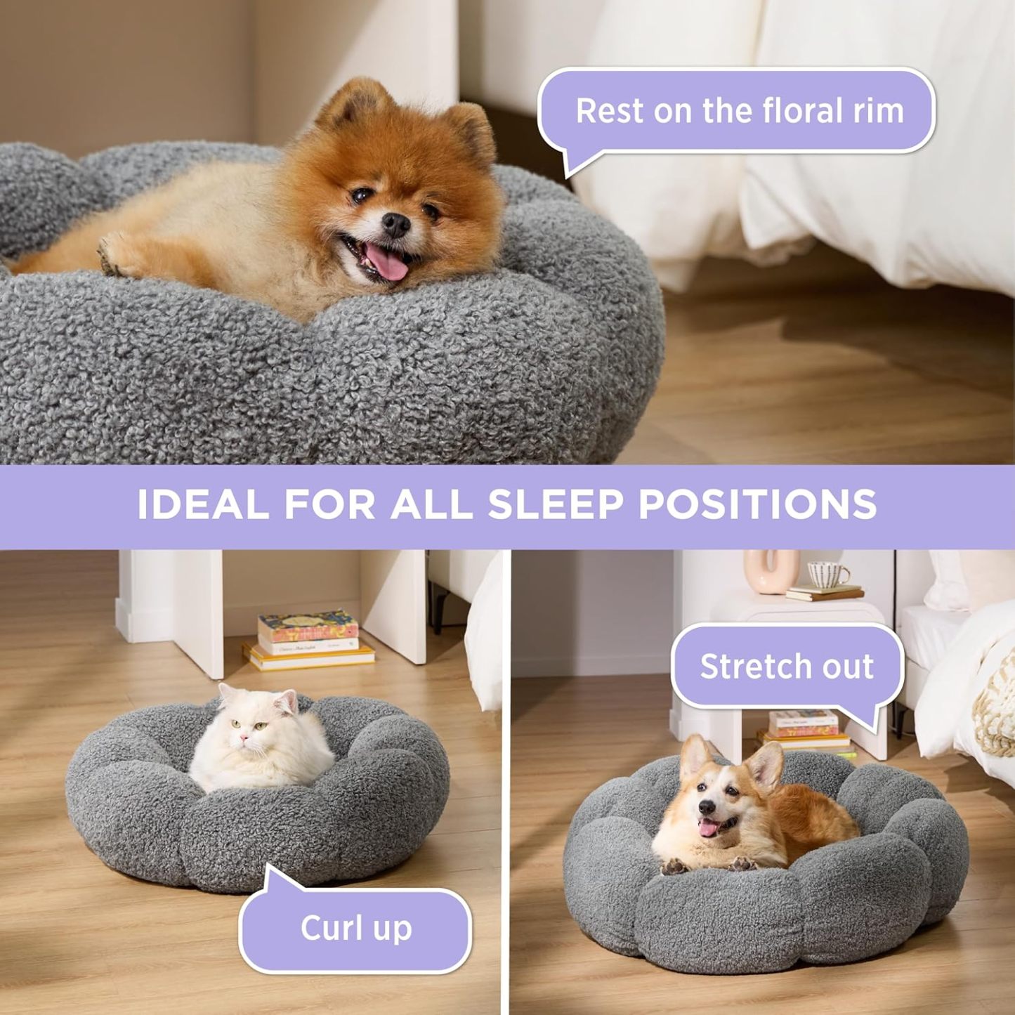 Calming Cat Beds for Indoor Cats - Cute Flower Pet Beds in Teddy Sherpa Plush, Donut Round Fluffy Puppy Bed, Non-Slip Extra Small Dog Bed Fits up to 15 lbs, Machine Washable, Grey 20"