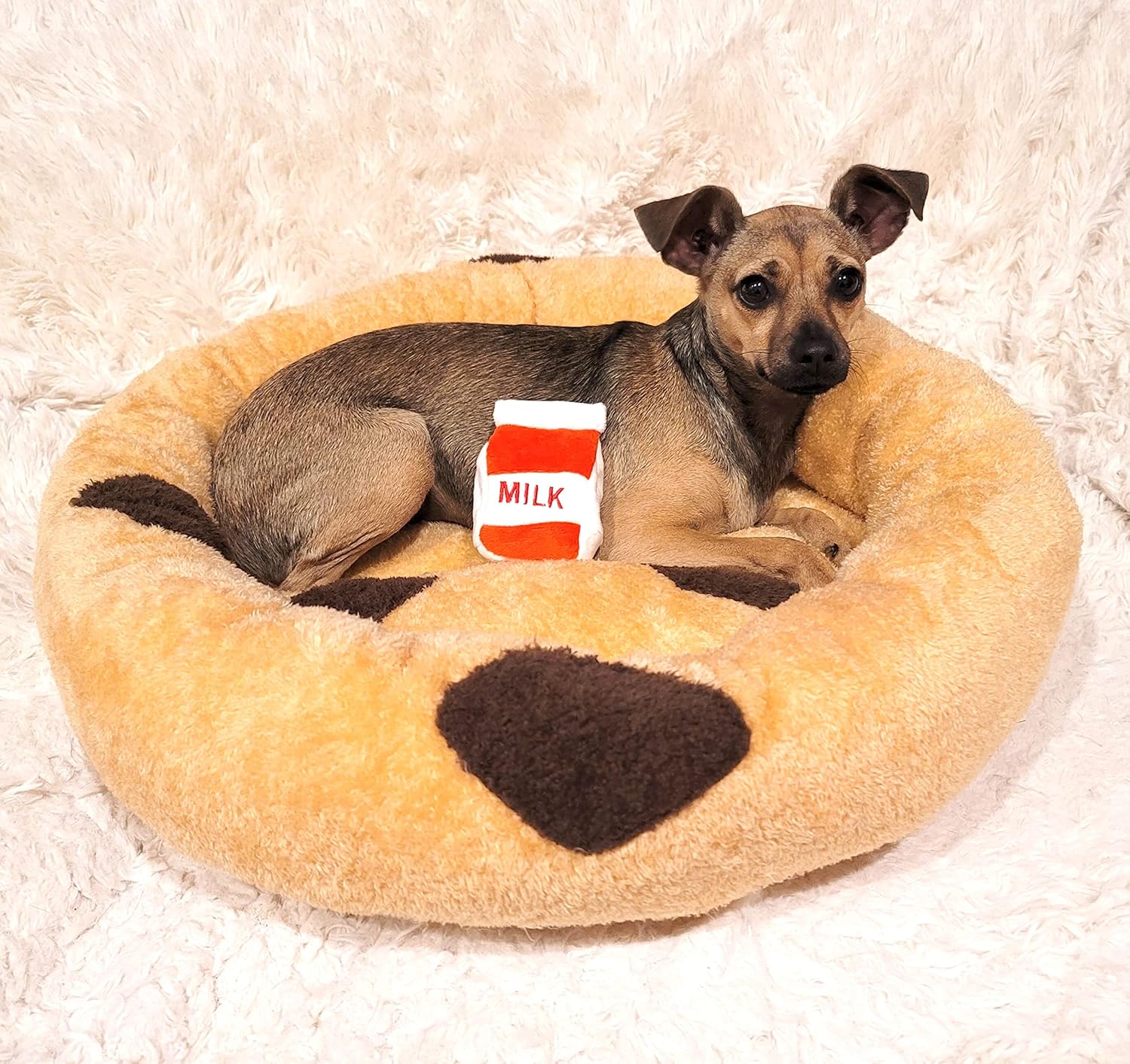 Soft Plush Small Cute and Cozy Food Dog Cat Bed, Washer and Dryer Friendly (Chocolate Chip Cookie)