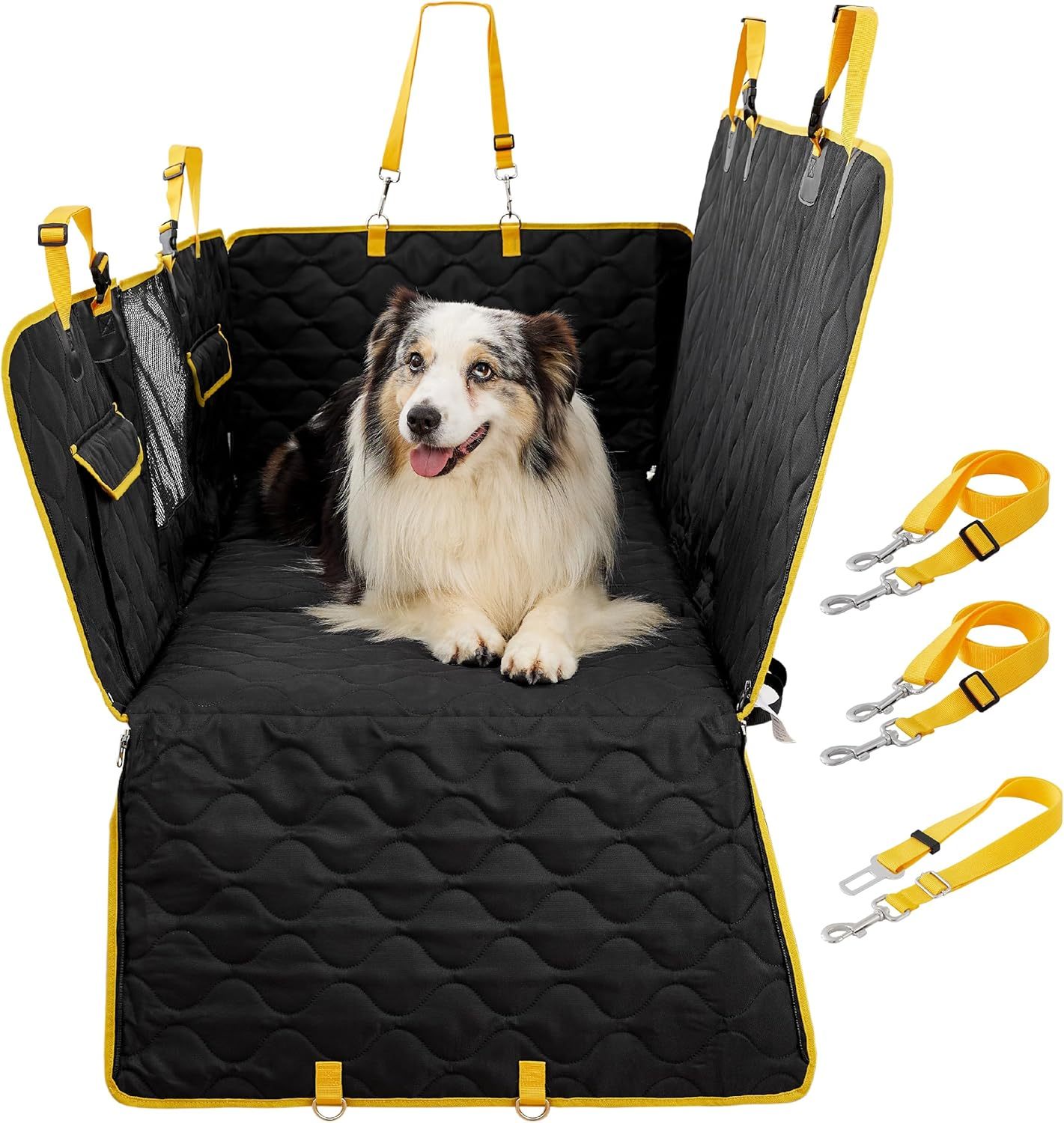 Dog Car Seat Cover for Back Seat with Hard Bottom, Pet Back Seat Extender with Supportive Egg Crate Foam, Waterproof Non-Slip Dog Hammock